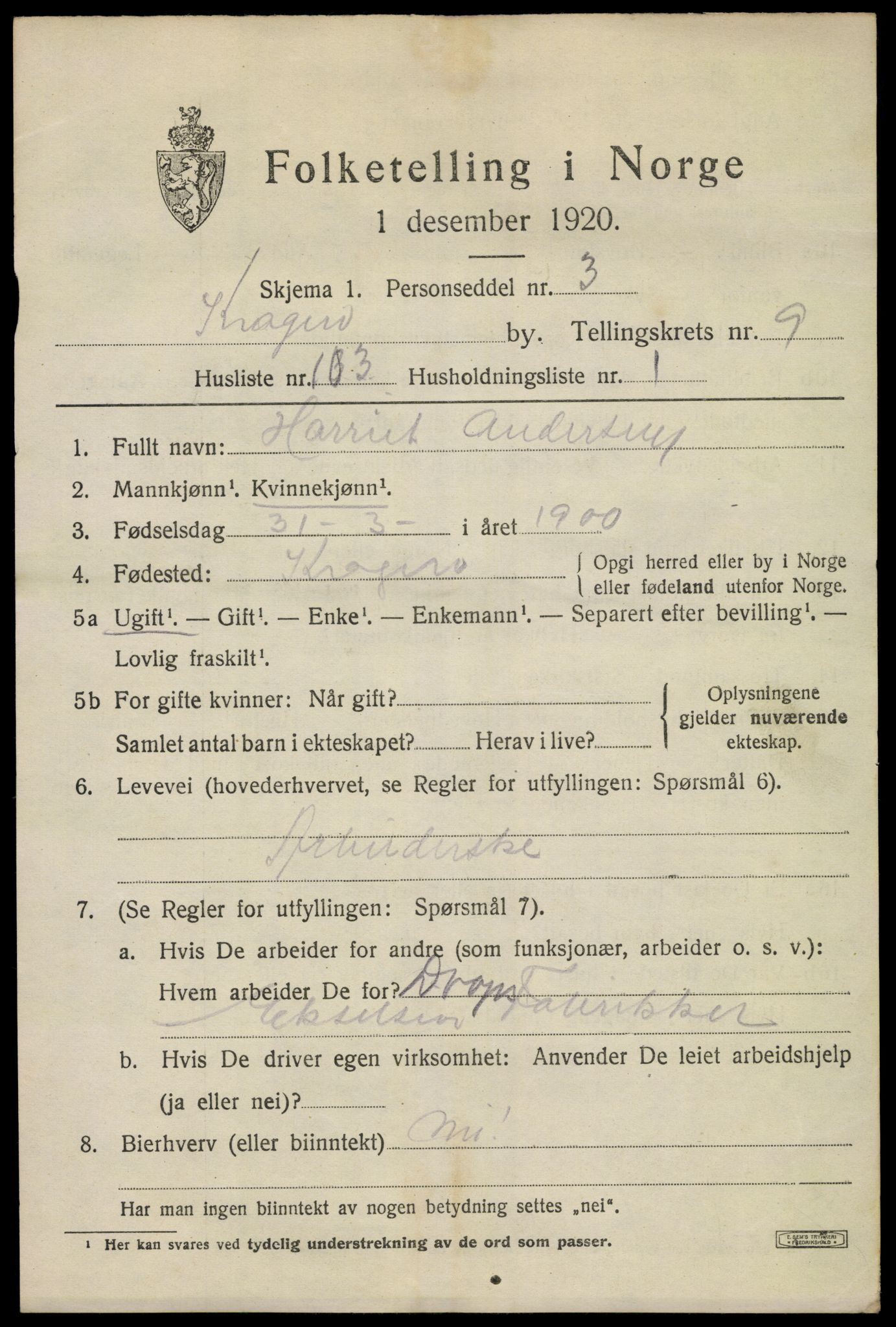 SAKO, Folketelling 1920 for 0801 Kragerø kjøpstad, 1920, s. 13017
