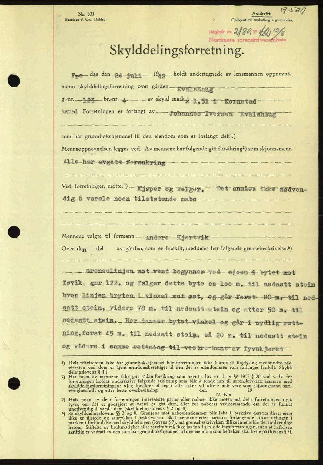 Nordmøre sorenskriveri, SAT/A-4132/1/2/2Ca: Pantebok nr. A93, 1942-1942, Dagboknr: 2189/1942