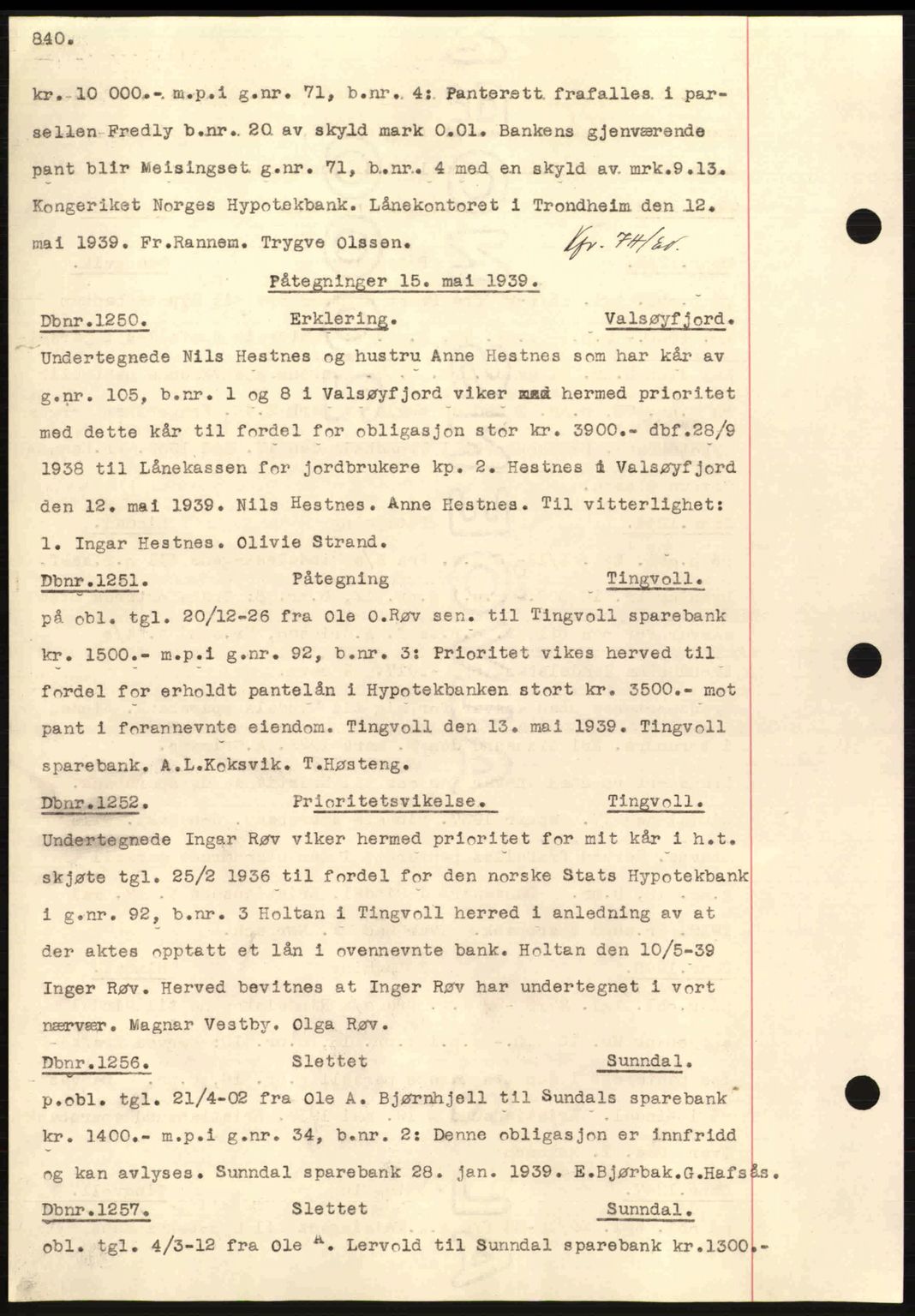 Nordmøre sorenskriveri, SAT/A-4132/1/2/2Ca: Pantebok nr. C80, 1936-1939, Dagboknr: 1250/1939