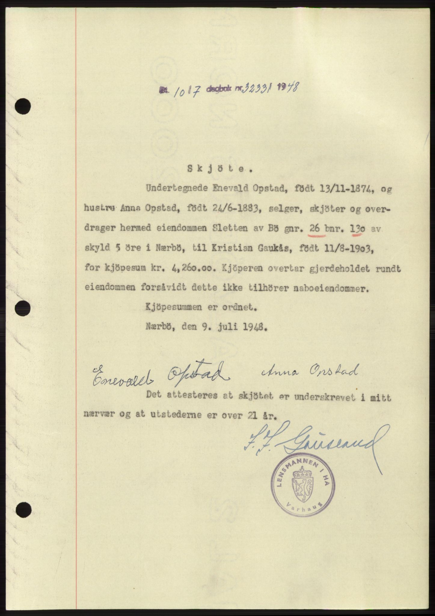 Jæren sorenskriveri, SAST/A-100310/03/G/Gba/L0099: Pantebok, 1948-1948, Dagboknr: 3233/1948