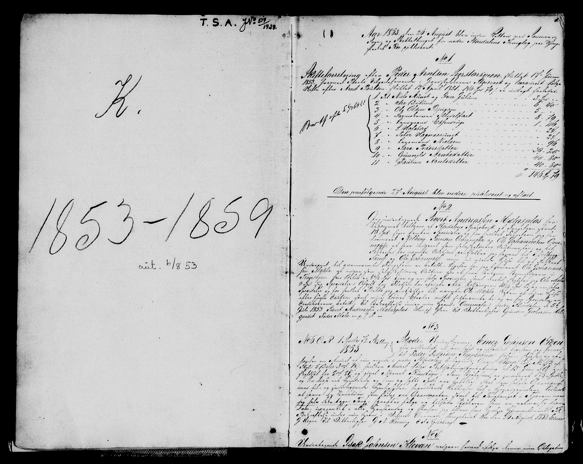 Stjør- og Verdal sorenskriveri, AV/SAT-A-4167/1/2/2C/L0023: Pantebok nr. K, 1853-1859, s. 1
