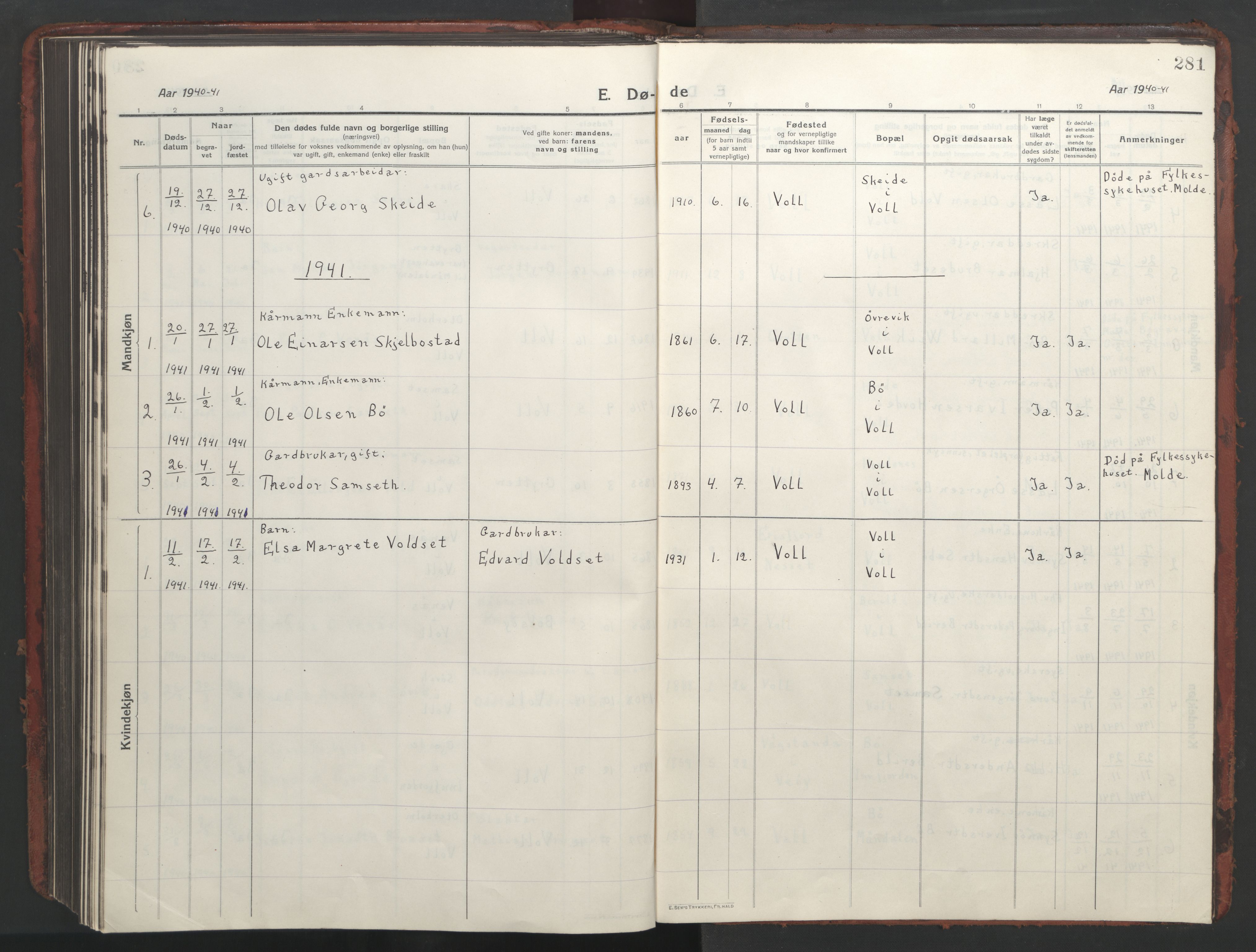 Ministerialprotokoller, klokkerbøker og fødselsregistre - Møre og Romsdal, SAT/A-1454/543/L0565: Klokkerbok nr. 543C03, 1916-1955, s. 281