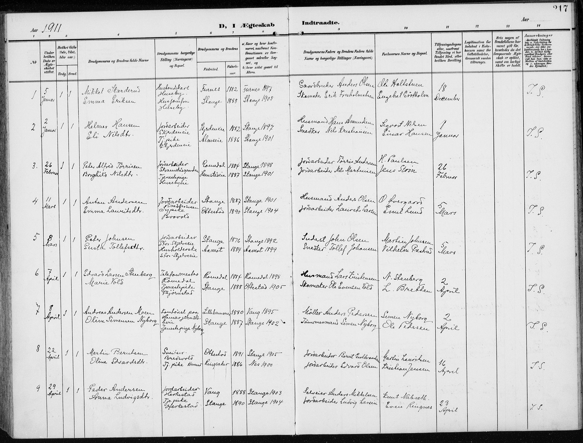 Stange prestekontor, SAH/PREST-002/K/L0024: Ministerialbok nr. 24, 1906-1922, s. 217