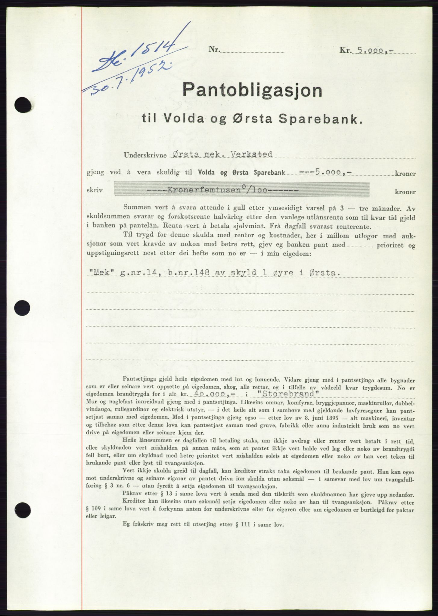 Søre Sunnmøre sorenskriveri, AV/SAT-A-4122/1/2/2C/L0121: Pantebok nr. 9B, 1951-1952, Dagboknr: 1514/1952