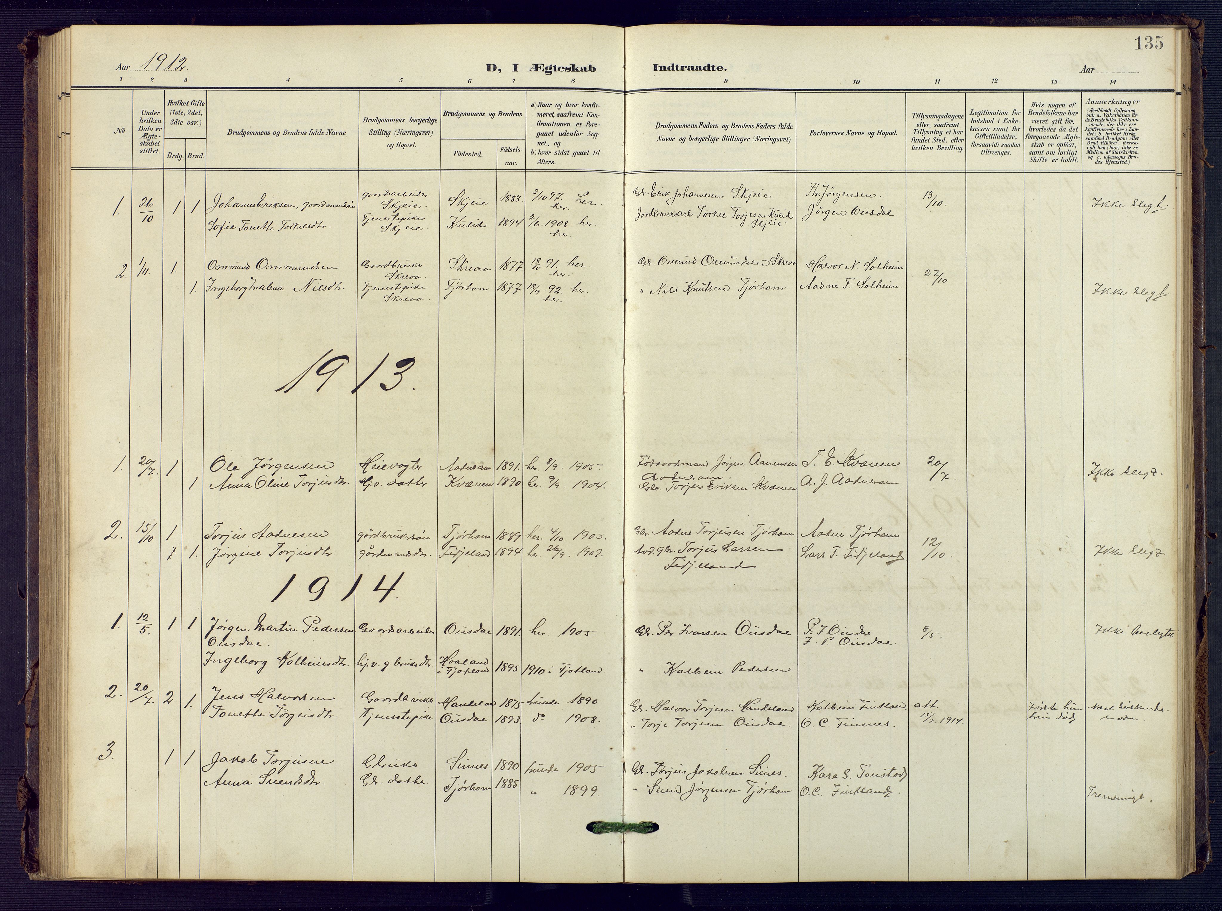 Sirdal sokneprestkontor, SAK/1111-0036/F/Fb/Fba/L0002: Klokkerbok nr. B 2, 1905-1958, s. 135