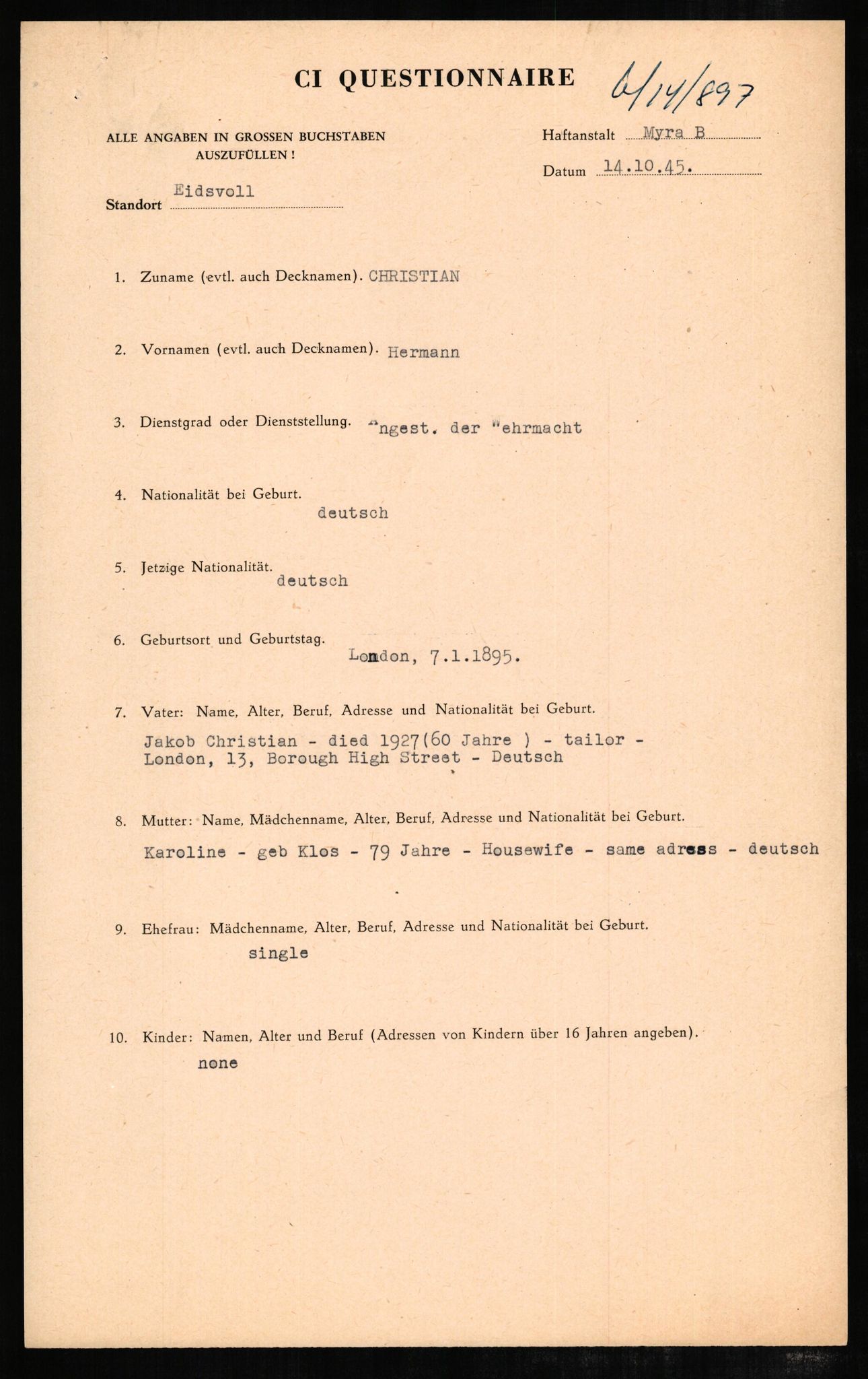 Forsvaret, Forsvarets overkommando II, AV/RA-RAFA-3915/D/Db/L0005: CI Questionaires. Tyske okkupasjonsstyrker i Norge. Tyskere., 1945-1946, s. 232