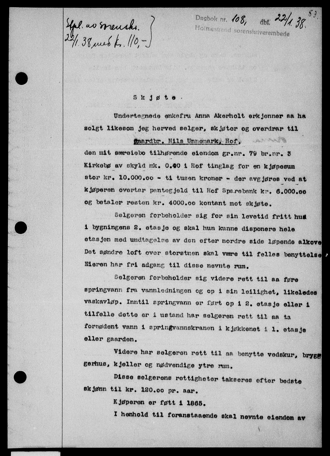 Holmestrand sorenskriveri, SAKO/A-67/G/Ga/Gaa/L0049: Pantebok nr. A-49, 1937-1938, Dagboknr: 108/1938