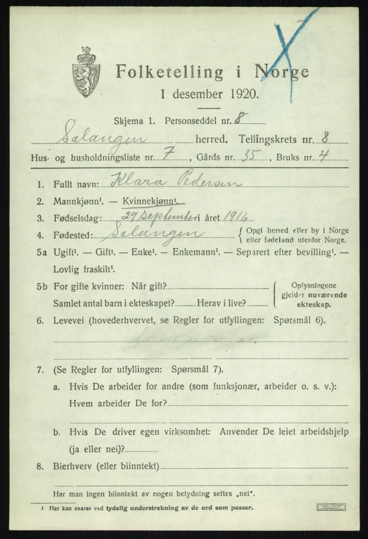 SATØ, Folketelling 1920 for 1921 Salangen herred, 1920, s. 5286