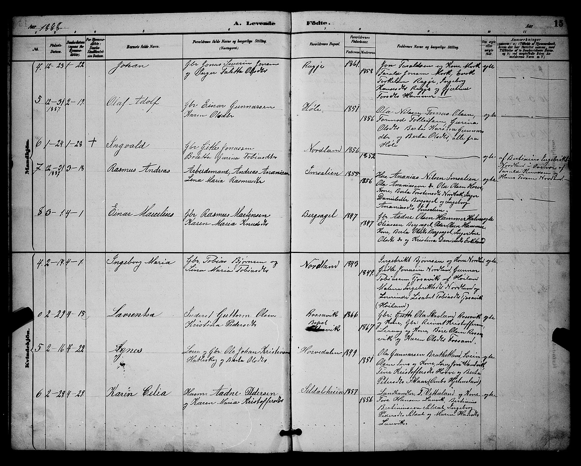 Høgsfjord sokneprestkontor, AV/SAST-A-101624/H/Ha/Hab/L0003: Klokkerbok nr. B 3, 1886-1905, s. 15