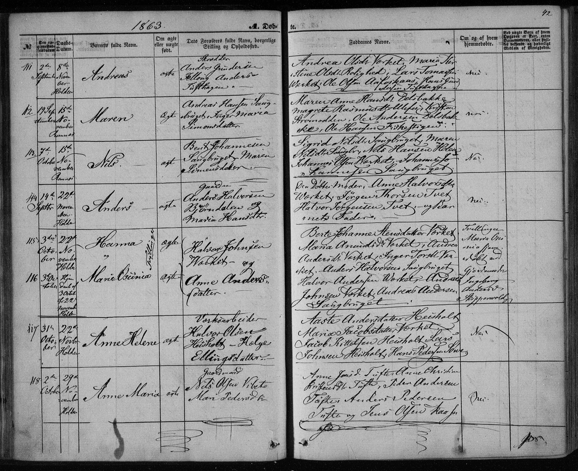 Holla kirkebøker, AV/SAKO-A-272/F/Fa/L0006: Ministerialbok nr. 6, 1861-1869, s. 42