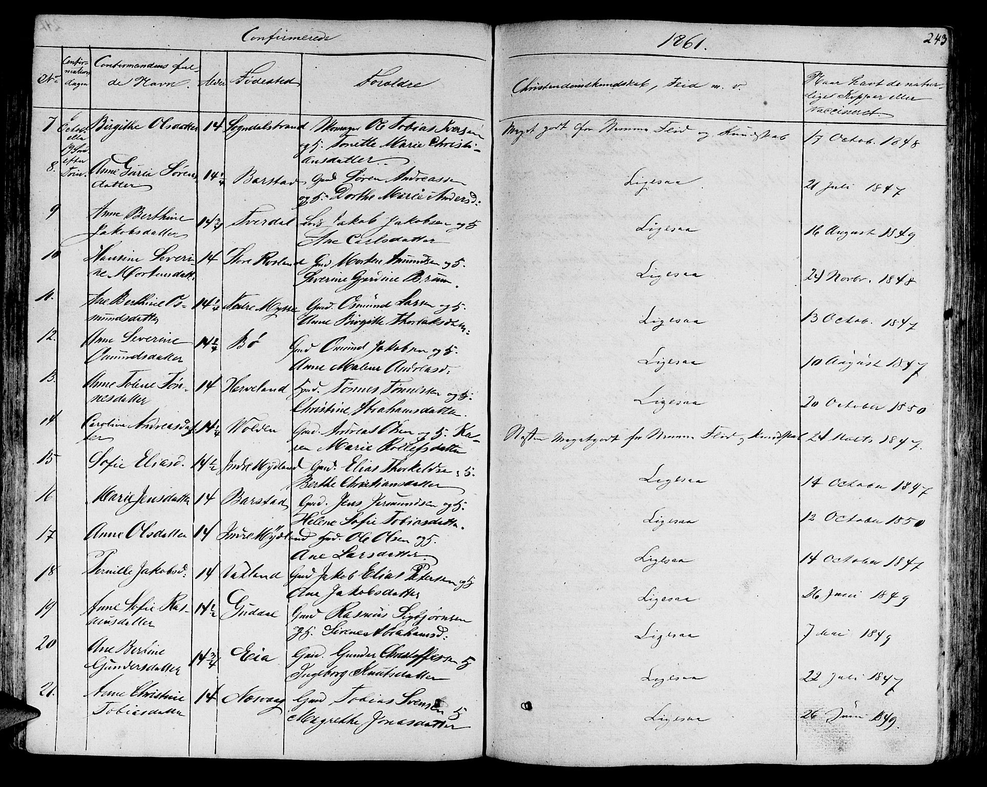 Sokndal sokneprestkontor, AV/SAST-A-101808: Klokkerbok nr. B 2, 1849-1865, s. 243