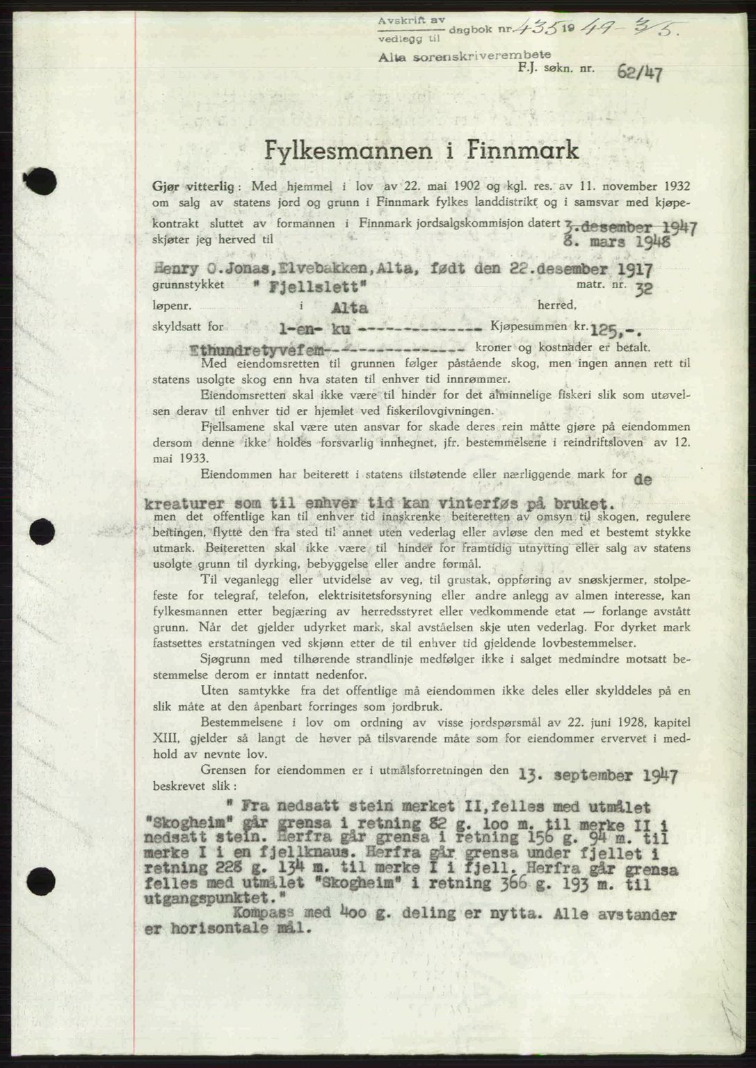 Alta fogderi/sorenskriveri, SATØ/SATØ-5/1/K/Kd/L0037pantebok: Pantebok nr. 39-40, 1948-1949, Dagboknr: 435/1949