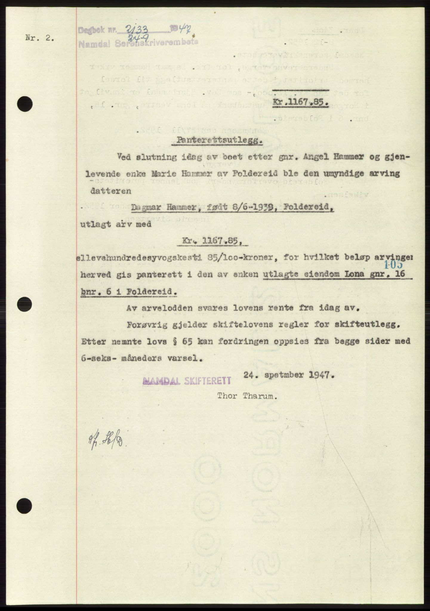 Namdal sorenskriveri, SAT/A-4133/1/2/2C: Pantebok nr. -, 1947-1947, Dagboknr: 2133/1947