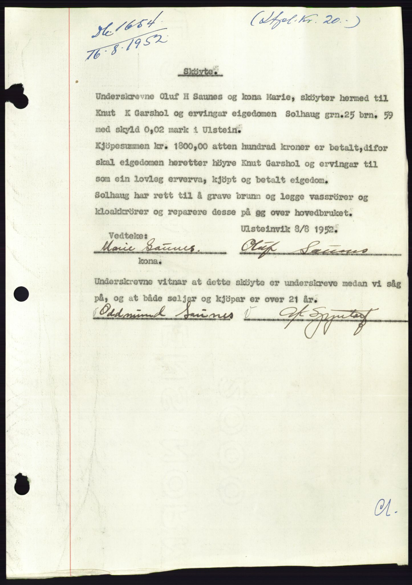 Søre Sunnmøre sorenskriveri, AV/SAT-A-4122/1/2/2C/L0092: Pantebok nr. 18A, 1952-1952, Dagboknr: 1654/1952