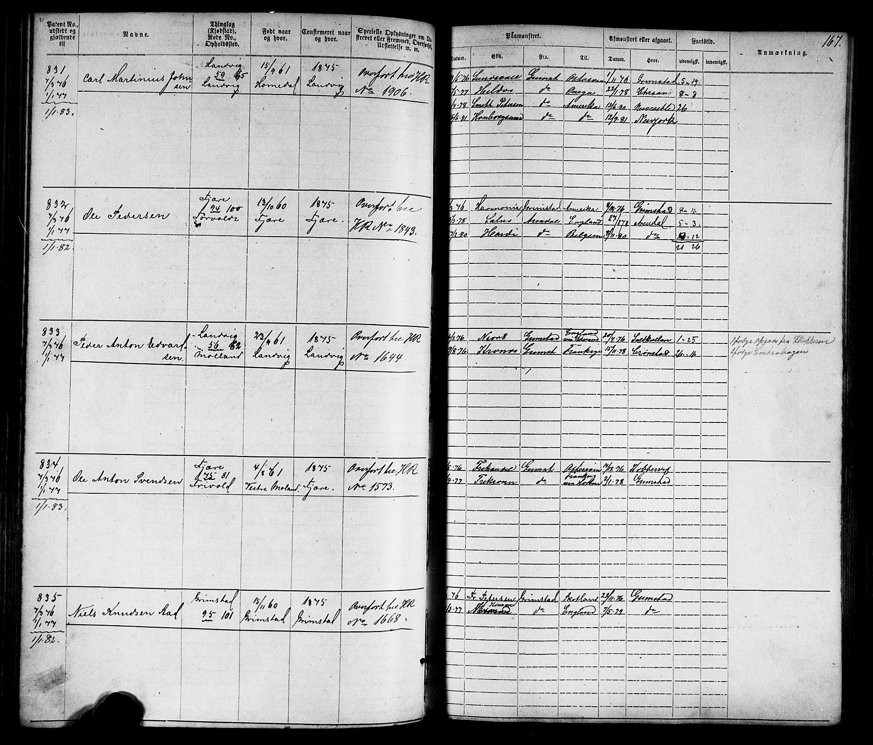 Grimstad mønstringskrets, AV/SAK-2031-0013/F/Fa/L0005: Annotasjonsrulle nr 1-1910 med register, V-18, 1870-1892, s. 194
