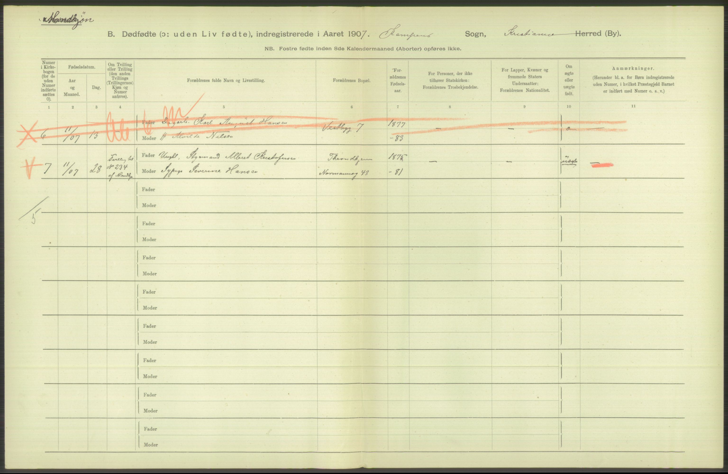 Statistisk sentralbyrå, Sosiodemografiske emner, Befolkning, RA/S-2228/D/Df/Dfa/Dfae/L0010: Kristiania: Døde, dødfødte, 1907, s. 94