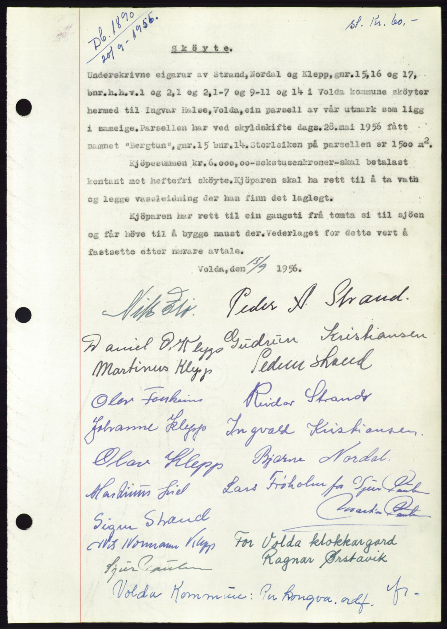 Søre Sunnmøre sorenskriveri, AV/SAT-A-4122/1/2/2C/L0104: Pantebok nr. 30A, 1956-1956, Dagboknr: 1890/1956