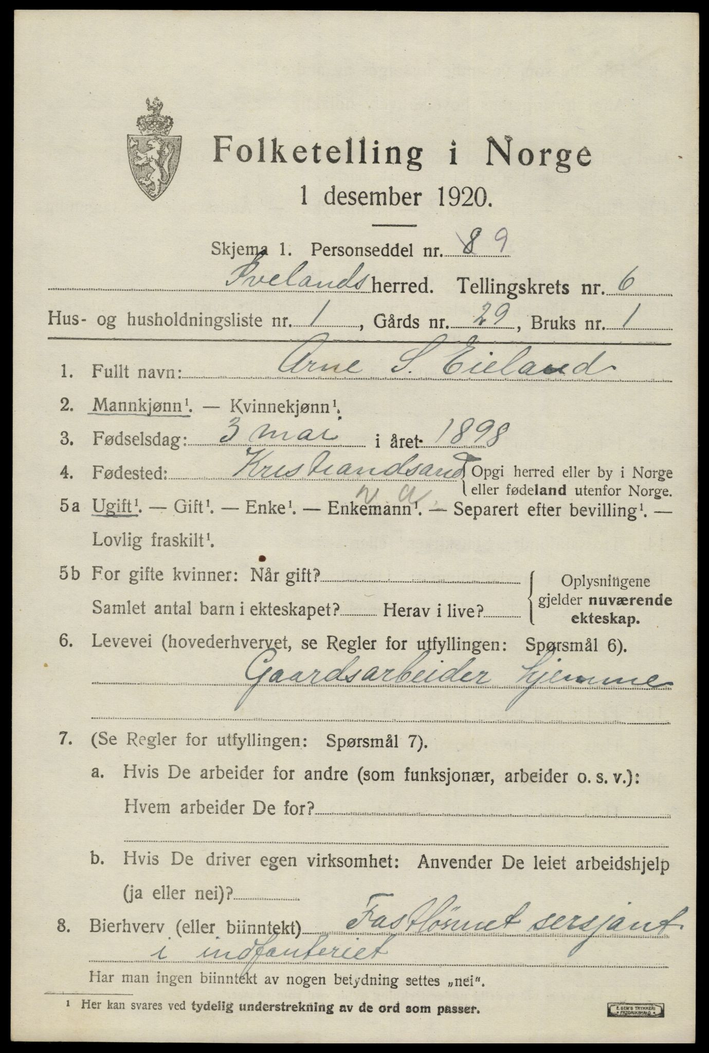 SAK, Folketelling 1920 for 0935 Iveland herred, 1920, s. 1943