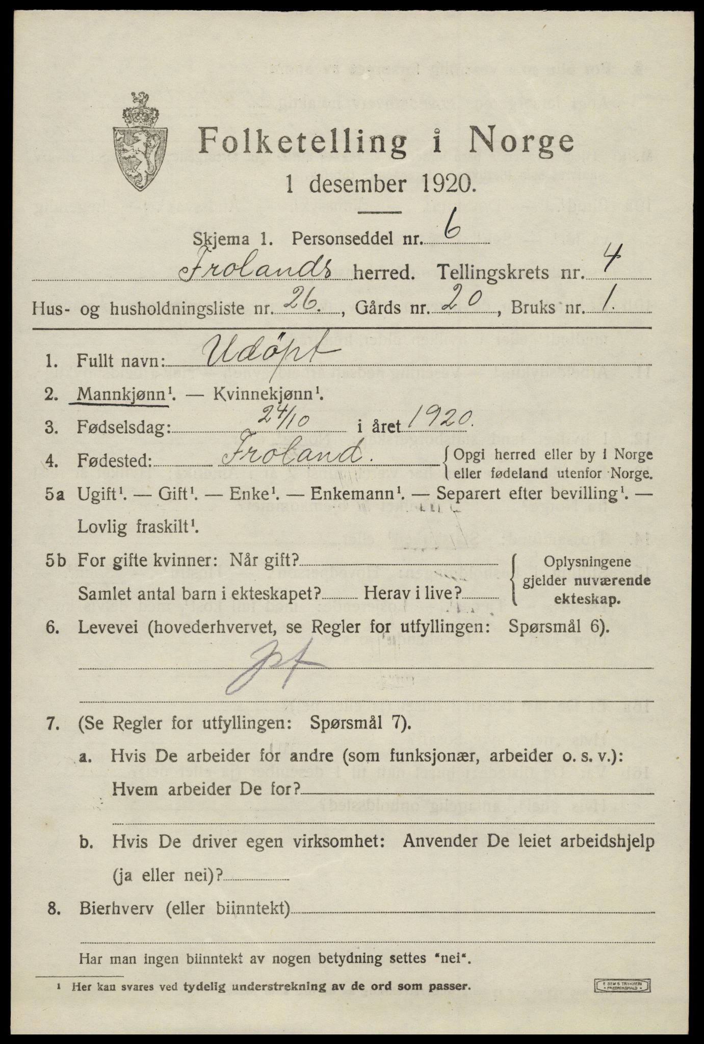 SAK, Folketelling 1920 for 0919 Froland herred, 1920, s. 3413