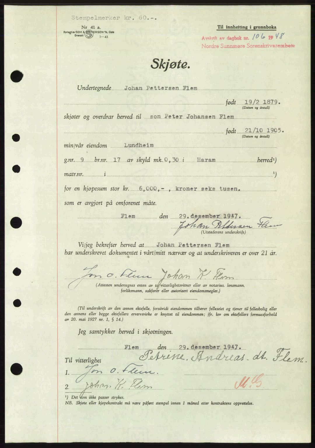 Nordre Sunnmøre sorenskriveri, AV/SAT-A-0006/1/2/2C/2Ca: Pantebok nr. A26, 1947-1948, Dagboknr: 106/1948