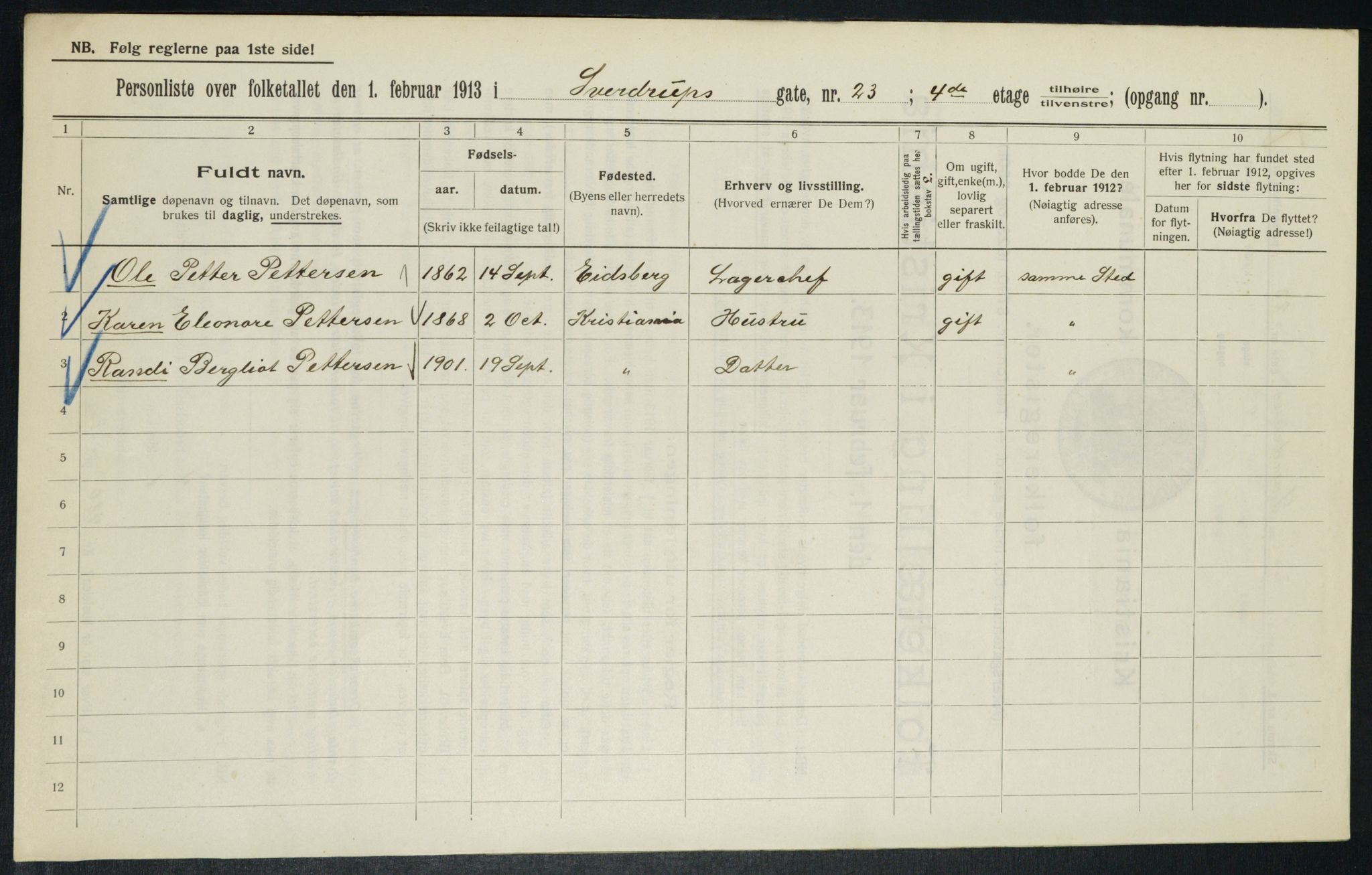 OBA, Kommunal folketelling 1.2.1913 for Kristiania, 1913, s. 105805