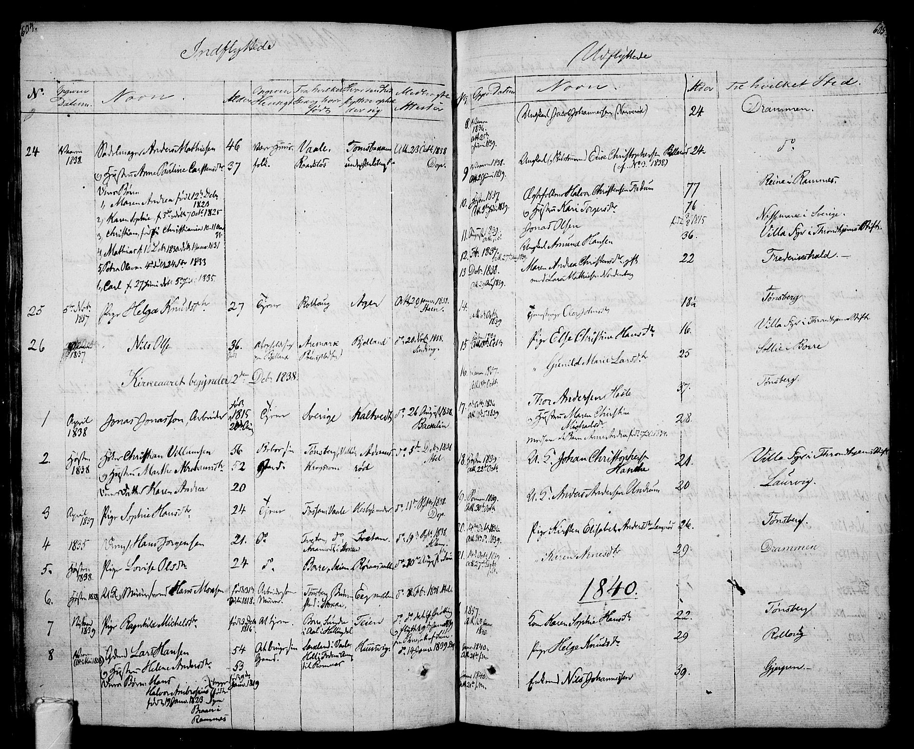 Sem kirkebøker, AV/SAKO-A-5/F/Fa/L0005: Ministerialbok nr. I 5, 1825-1842, s. 604-605