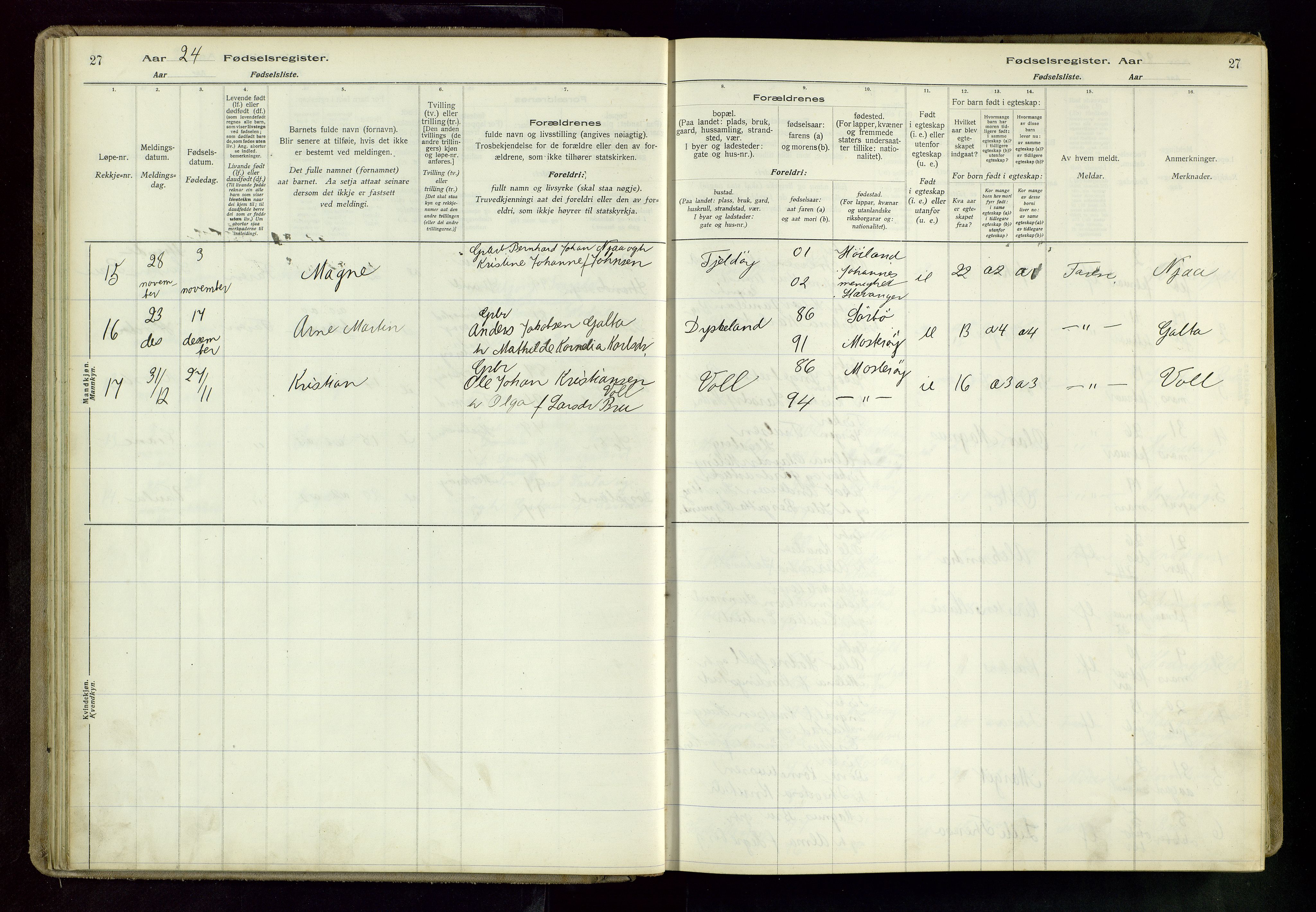 Rennesøy sokneprestkontor, AV/SAST-A -101827/I/Id/L0002: Fødselsregister nr. 2, 1916-1982, s. 27