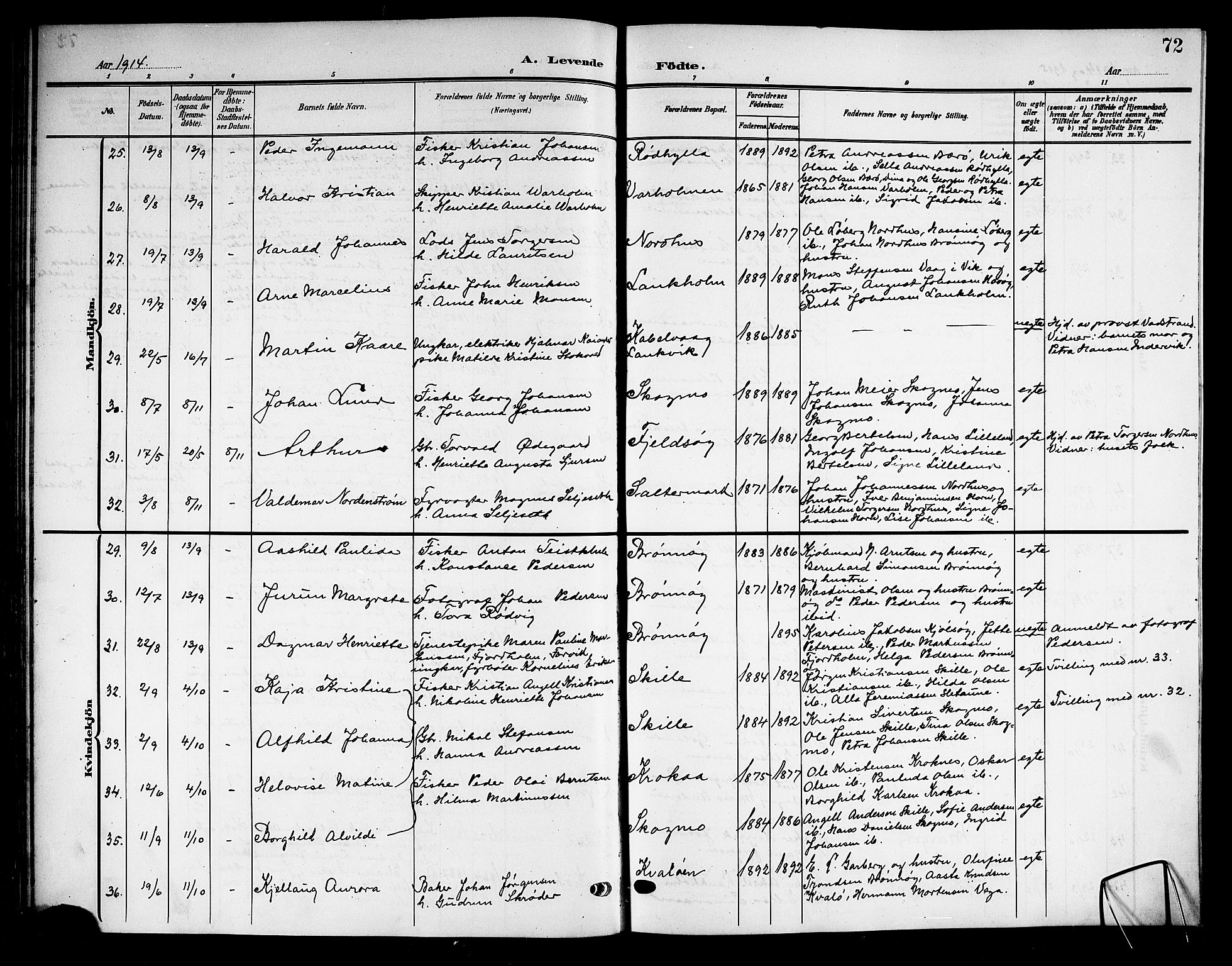 Ministerialprotokoller, klokkerbøker og fødselsregistre - Nordland, AV/SAT-A-1459/813/L0214: Klokkerbok nr. 813C06, 1904-1917, s. 72