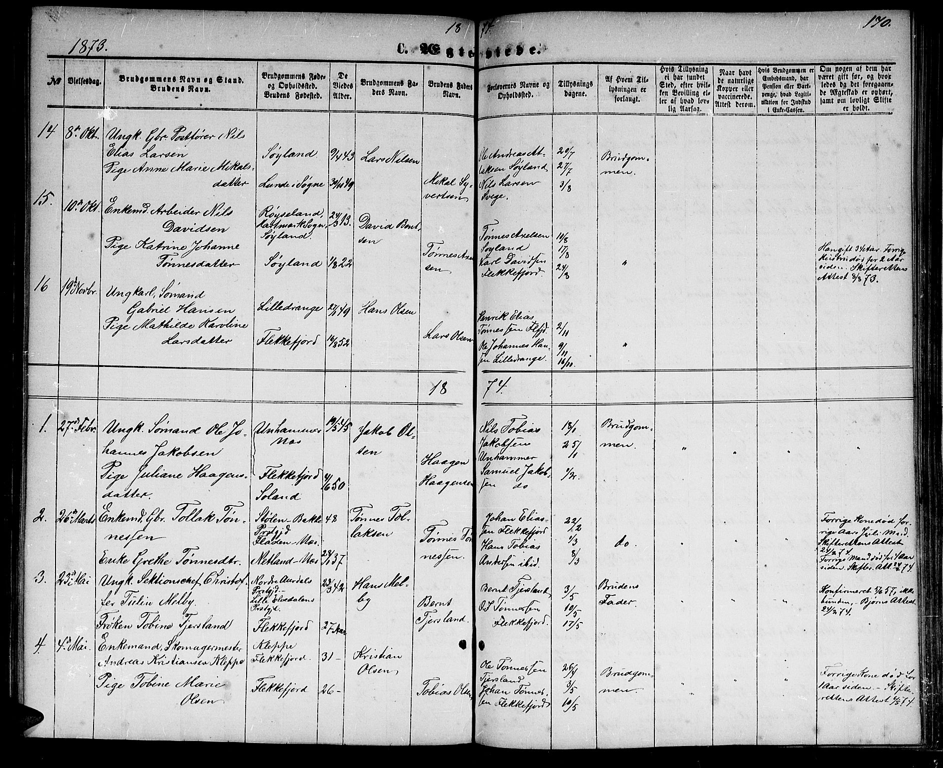 Flekkefjord sokneprestkontor, AV/SAK-1111-0012/F/Fb/Fbc/L0006: Klokkerbok nr. B 6, 1866-1879, s. 170