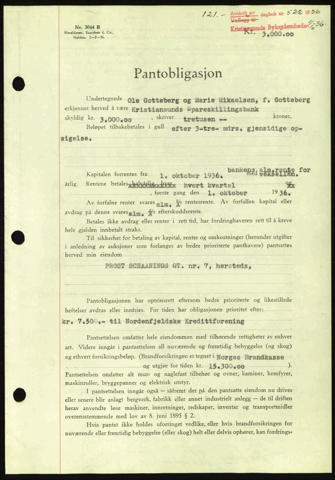 Kristiansund byfogd, SAT/A-4587/A/27: Pantebok nr. 29, 1936-1937, Dagboknr: 522/1936