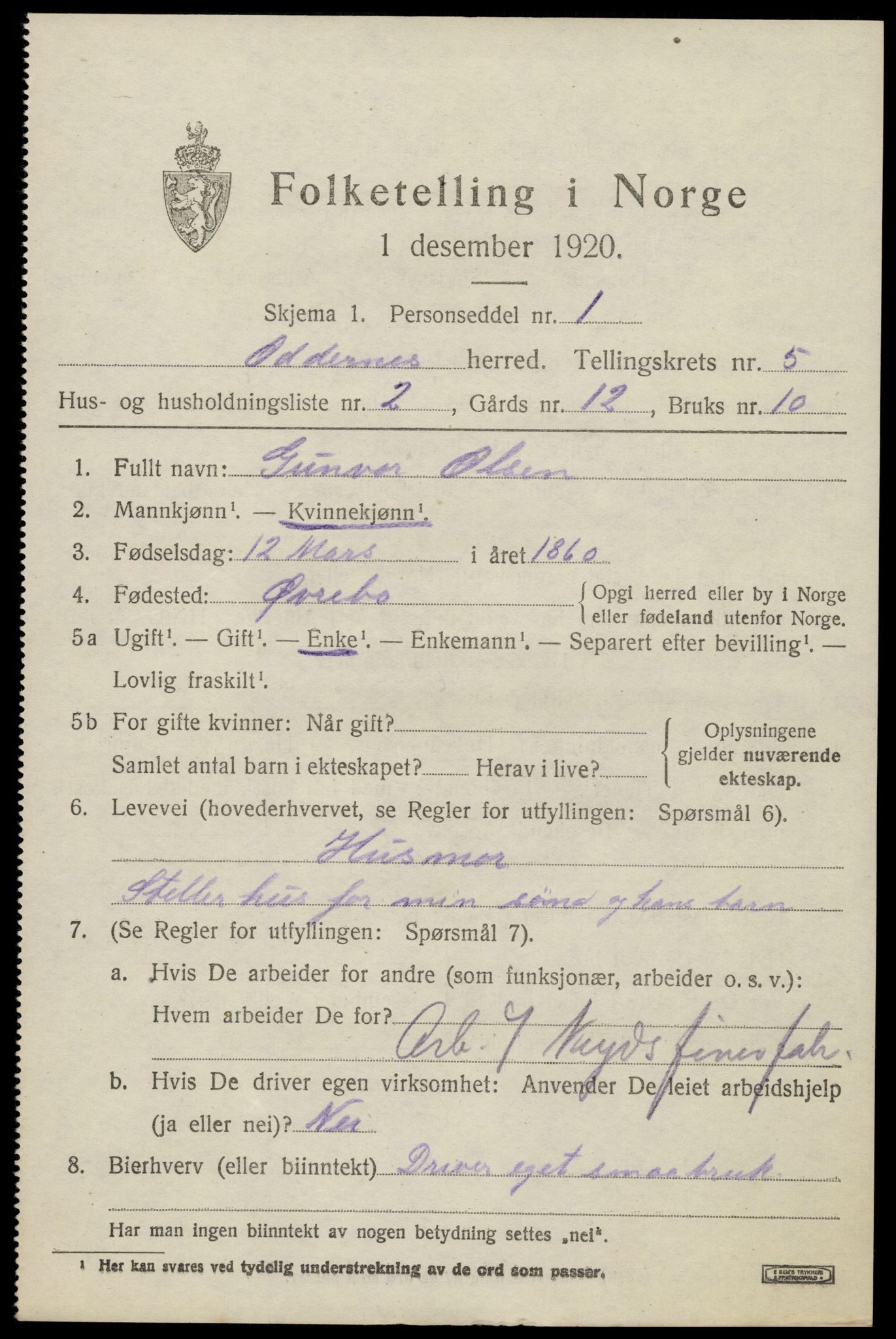 SAK, Folketelling 1920 for 1012 Oddernes herred, 1920, s. 4453
