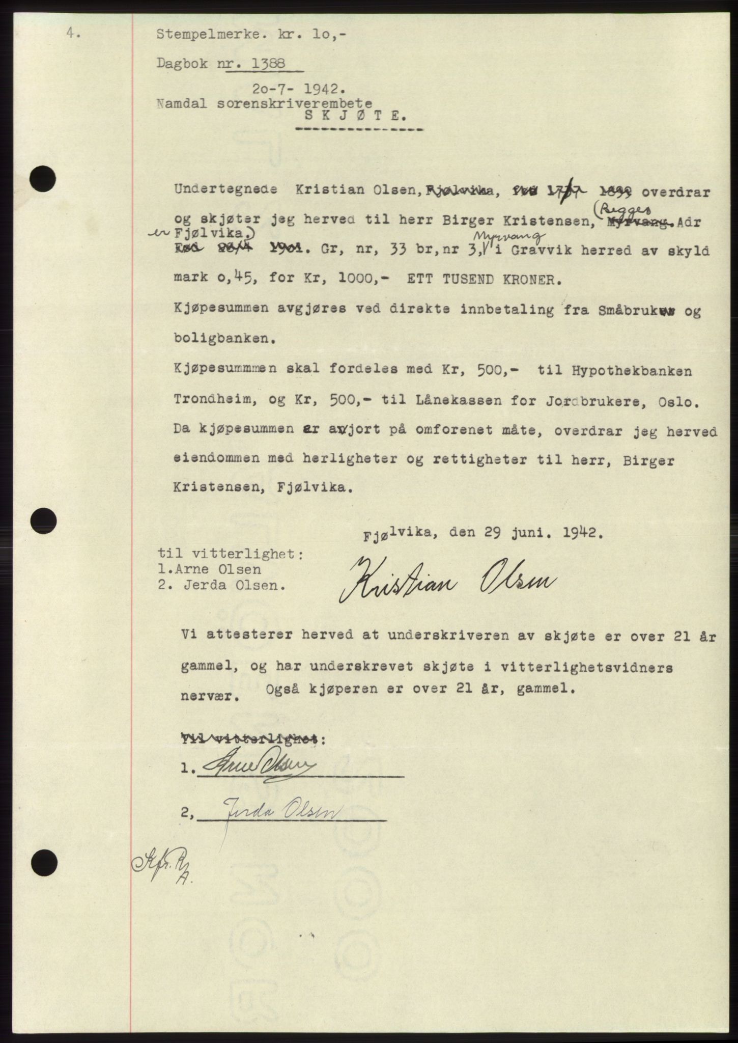 Namdal sorenskriveri, SAT/A-4133/1/2/2C: Pantebok nr. -, 1942-1943, Dagboknr: 1388/1942