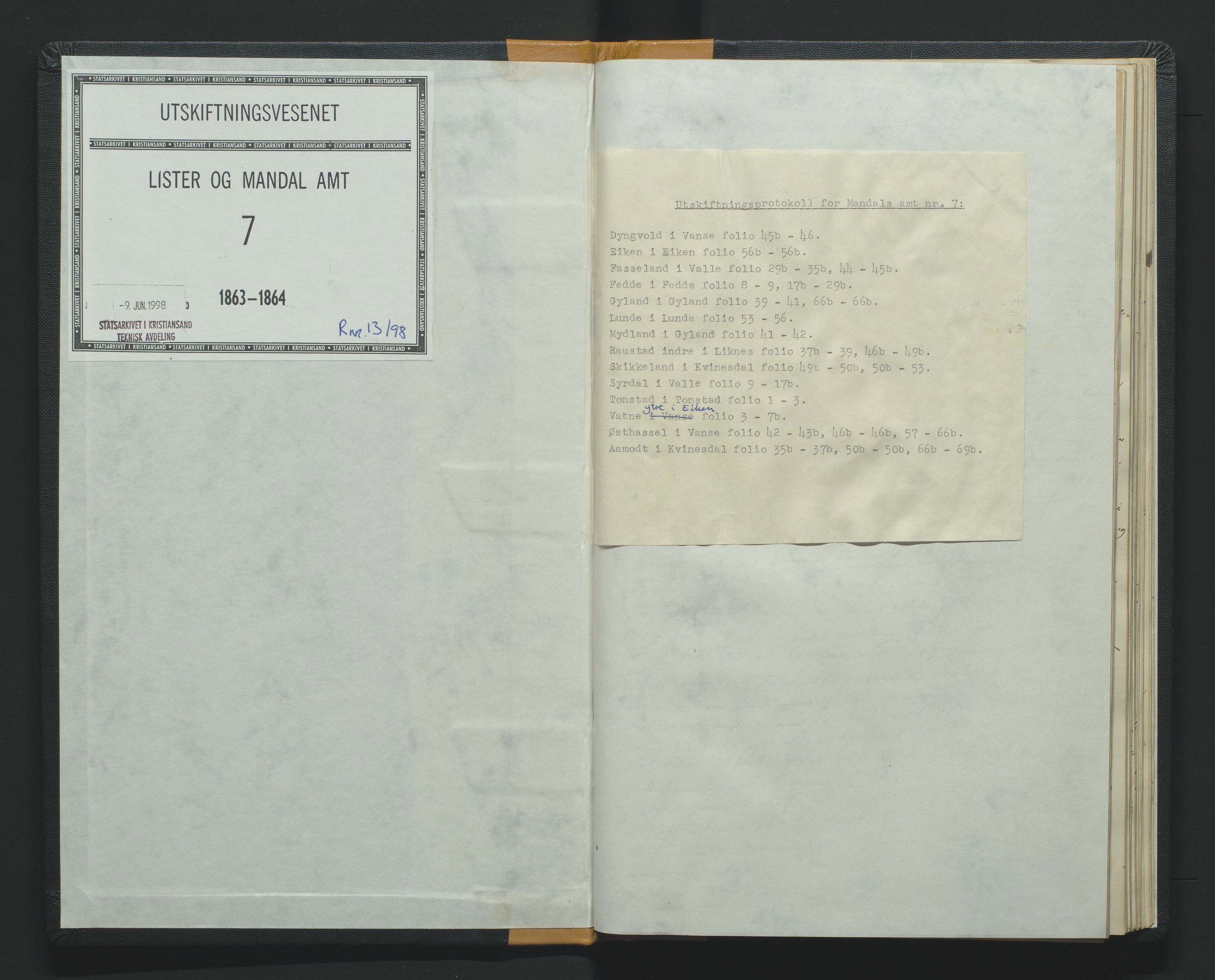 Utskiftningsformannen i Lister og Mandal amt, SAK/1541-0003/F/Fa/Faa/L0007: Utskiftningsprotokoll med register nr 7, 1863-1864