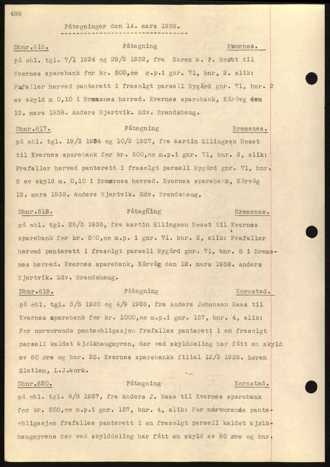 Nordmøre sorenskriveri, SAT/A-4132/1/2/2Ca: Pantebok nr. C80, 1936-1939, Dagboknr: 616/1938