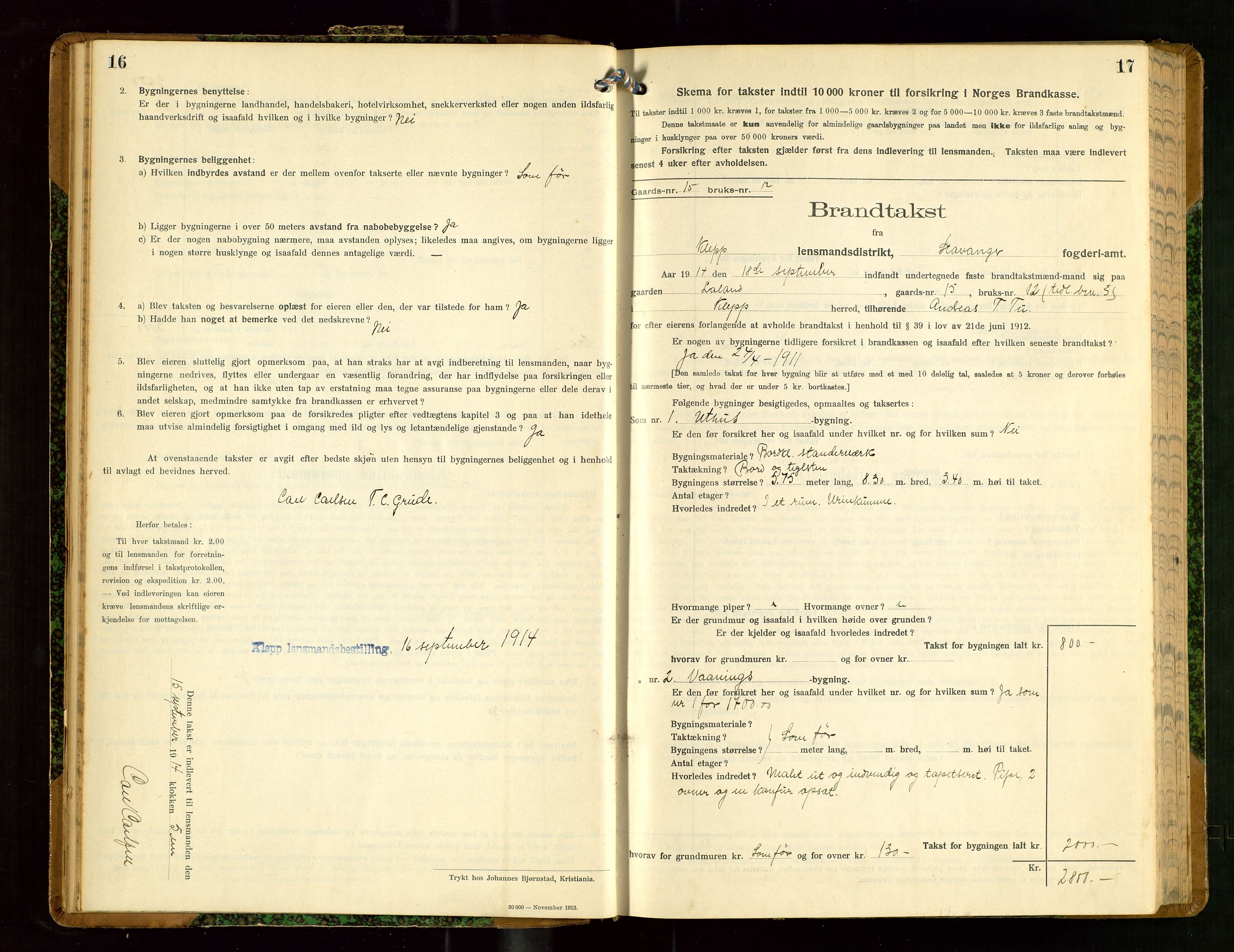 Klepp lensmannskontor, SAST/A-100163/Goc/L0008: "Brandtakstprotokol" m/register, 1914-1917, s. 16-17