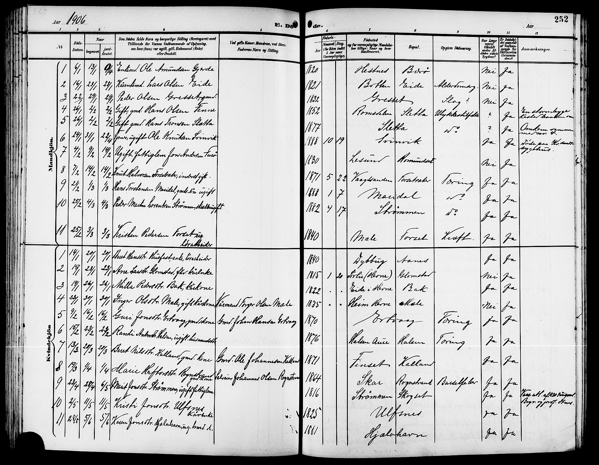 Ministerialprotokoller, klokkerbøker og fødselsregistre - Møre og Romsdal, SAT/A-1454/578/L0910: Klokkerbok nr. 578C03, 1900-1921, s. 252