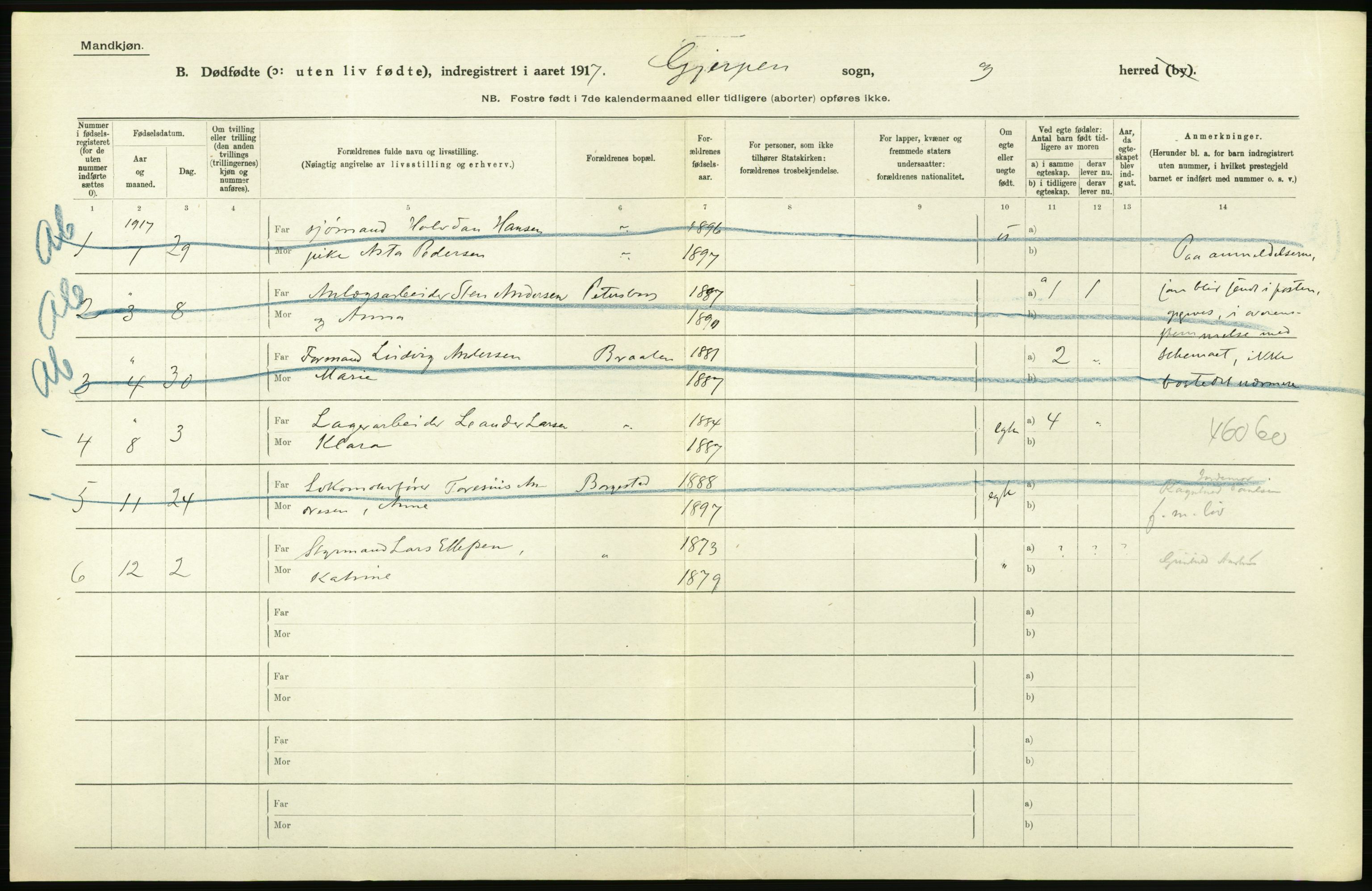 Statistisk sentralbyrå, Sosiodemografiske emner, Befolkning, RA/S-2228/D/Df/Dfb/Dfbg/L0026: Bratsberg amt: Døde, dødfødte. Bygder og byer., 1917, s. 488