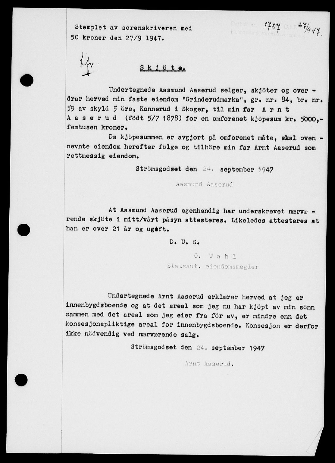 Holmestrand sorenskriveri, SAKO/A-67/G/Ga/Gaa/L0062: Pantebok nr. A-62, 1947-1947, Dagboknr: 1787/1947