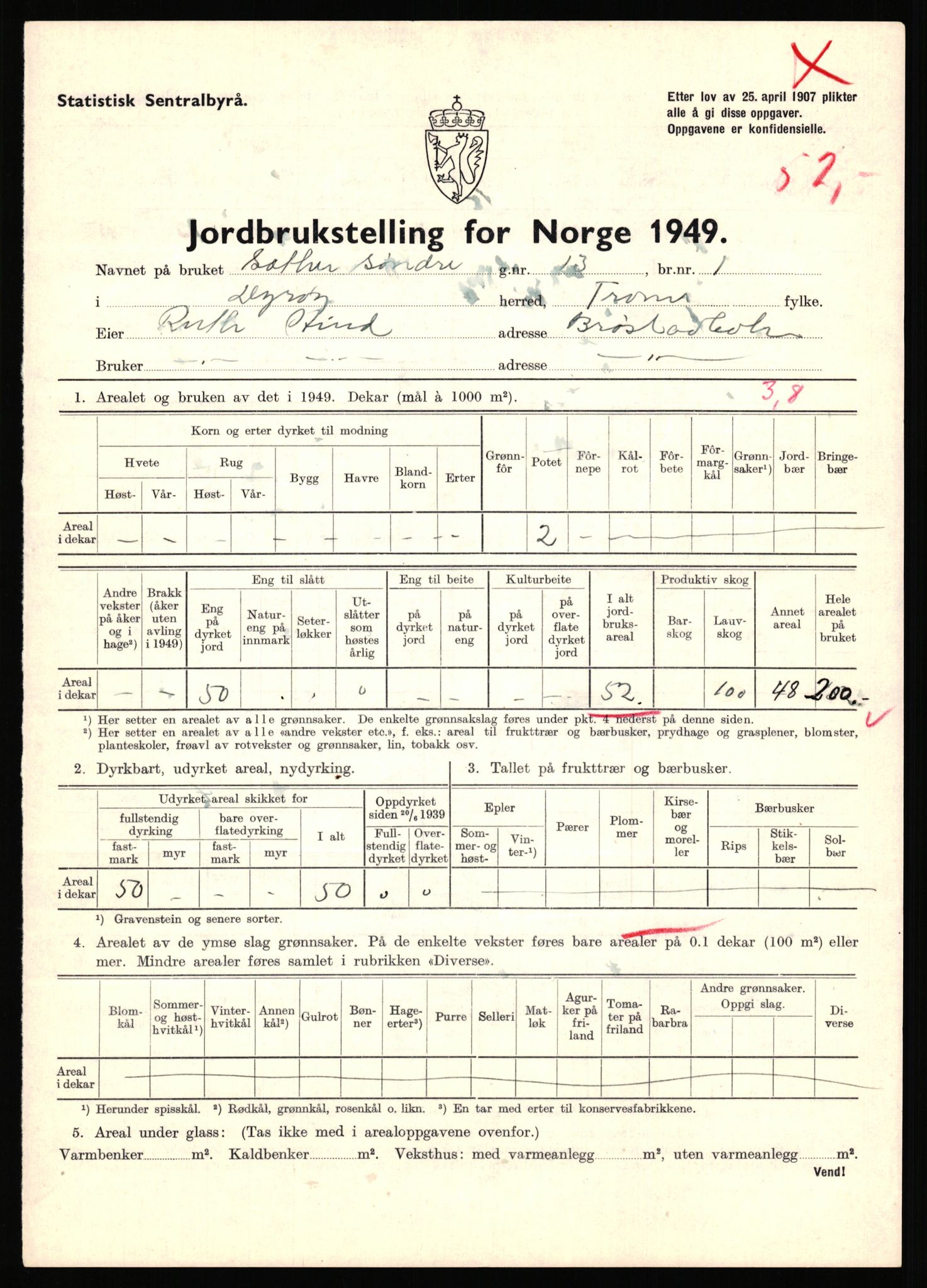 Statistisk sentralbyrå, Næringsøkonomiske emner, Jordbruk, skogbruk, jakt, fiske og fangst, AV/RA-S-2234/G/Gc/L0440: Troms: Sørreisa og Dyrøy, 1949, s. 1604