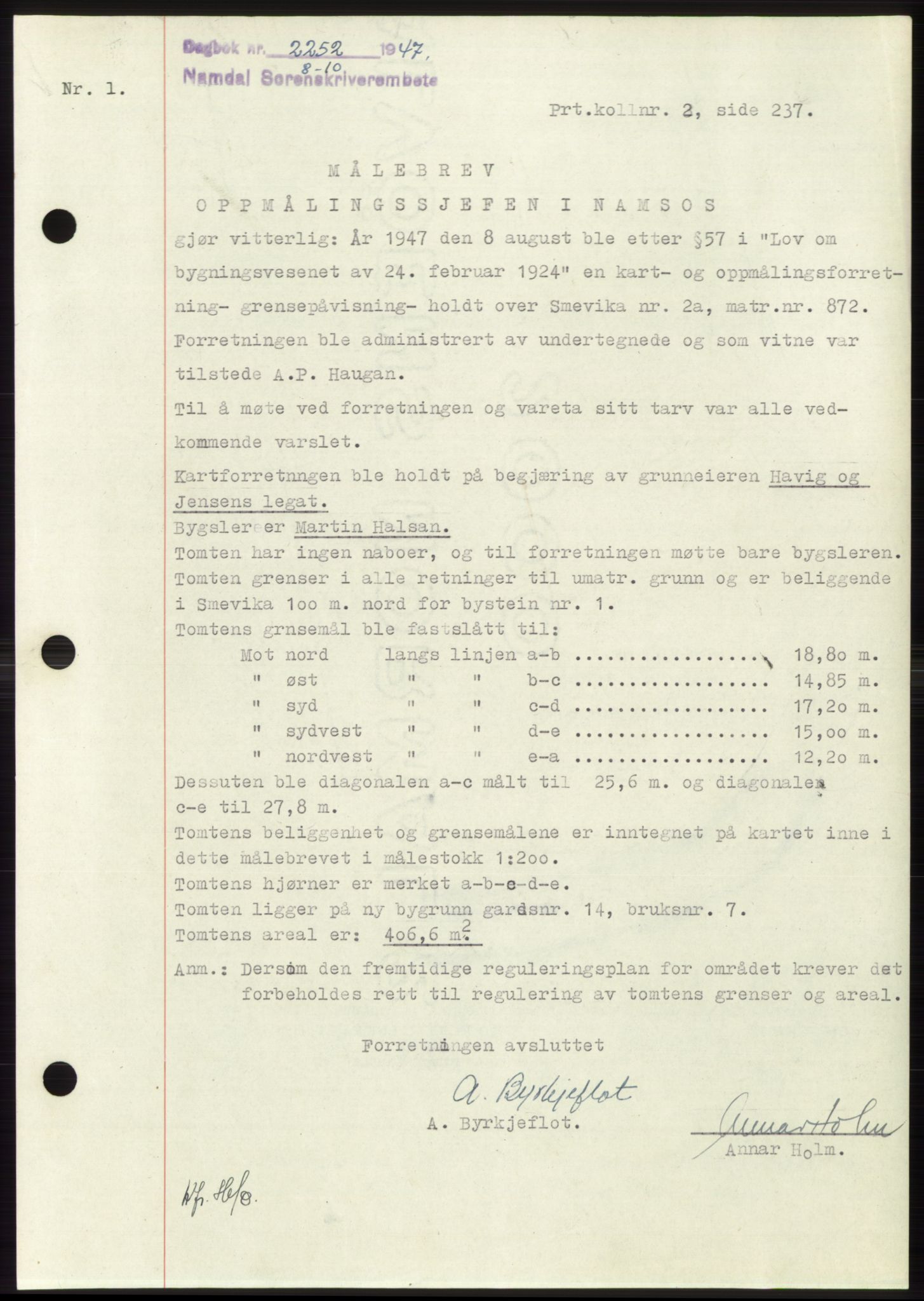 Namdal sorenskriveri, SAT/A-4133/1/2/2C: Pantebok nr. -, 1947-1947, Dagboknr: 2252/1947