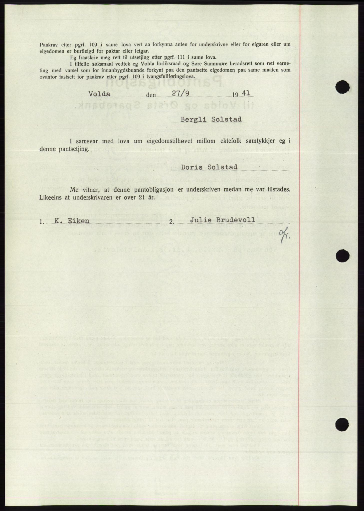 Søre Sunnmøre sorenskriveri, AV/SAT-A-4122/1/2/2C/L0071: Pantebok nr. 65, 1941-1941, Dagboknr: 979/1941