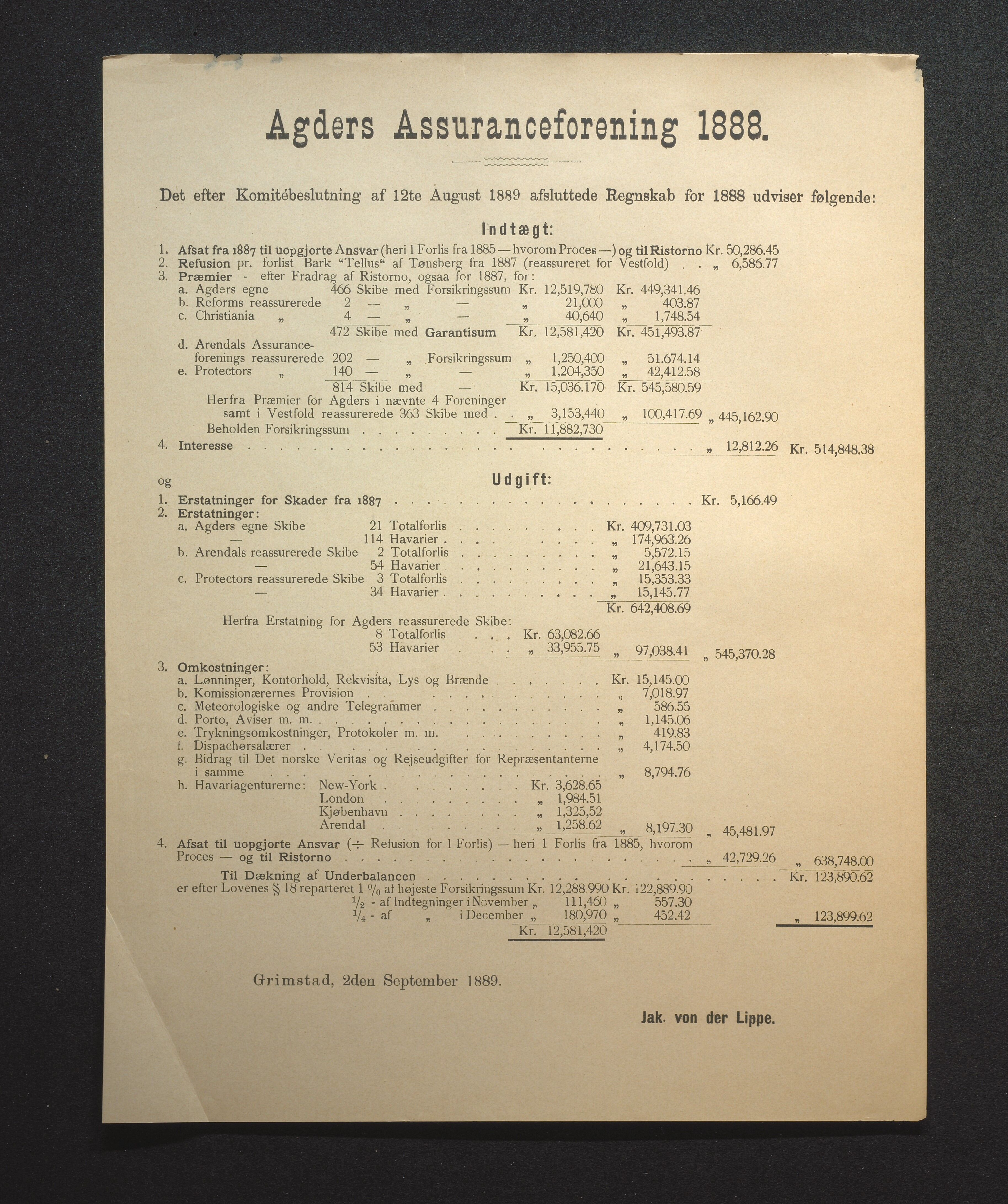 Agders Gjensidige Assuranceforening, AAKS/PA-1718/05/L0002: Regnskap, seilavdeling, pakkesak, 1881-1889