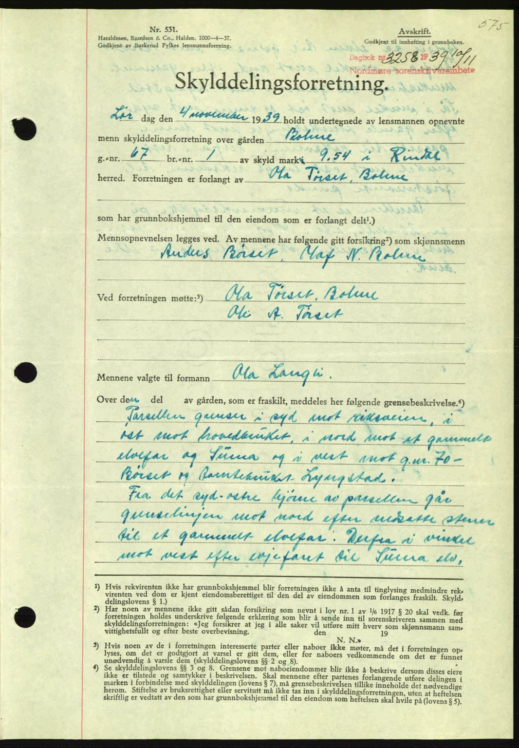 Nordmøre sorenskriveri, AV/SAT-A-4132/1/2/2Ca: Pantebok nr. A87, 1939-1940, Dagboknr: 3258/1939