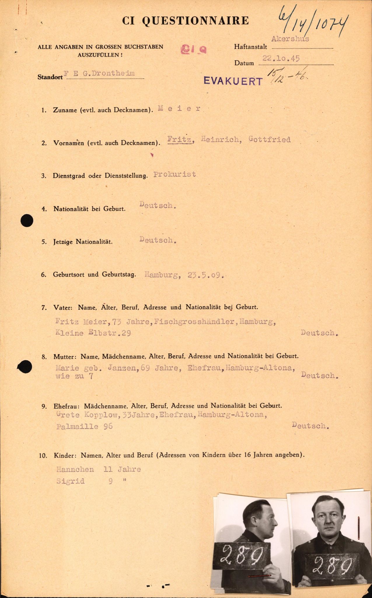 Forsvaret, Forsvarets overkommando II, AV/RA-RAFA-3915/D/Db/L0021: CI Questionaires. Tyske okkupasjonsstyrker i Norge. Tyskere., 1945-1946, s. 321