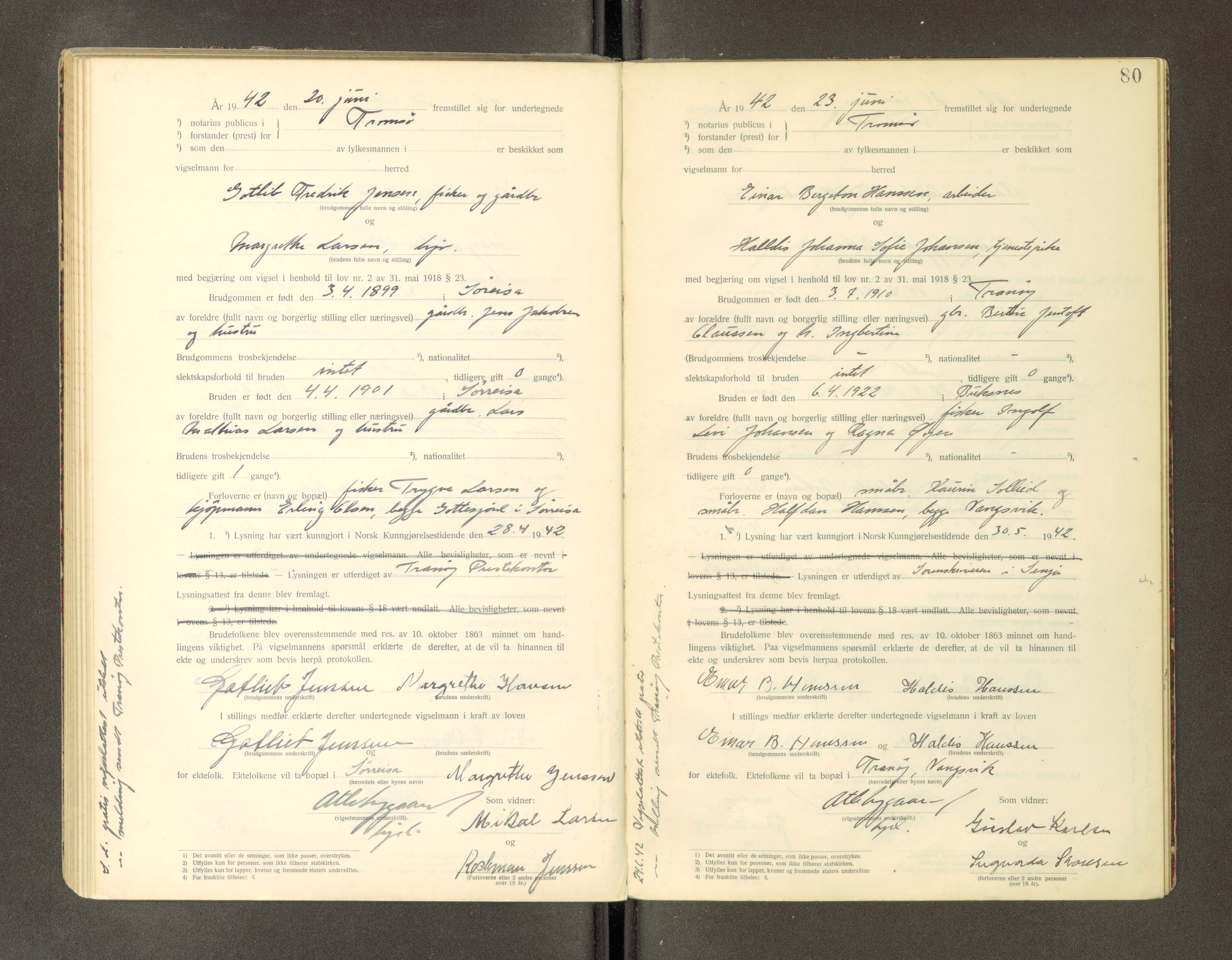 Tromsø byfogd/byrett, AV/SATØ-SATØ-0063/1/Ob/Obc/L0985: Vigselsbok, 1927-1942, s. 80
