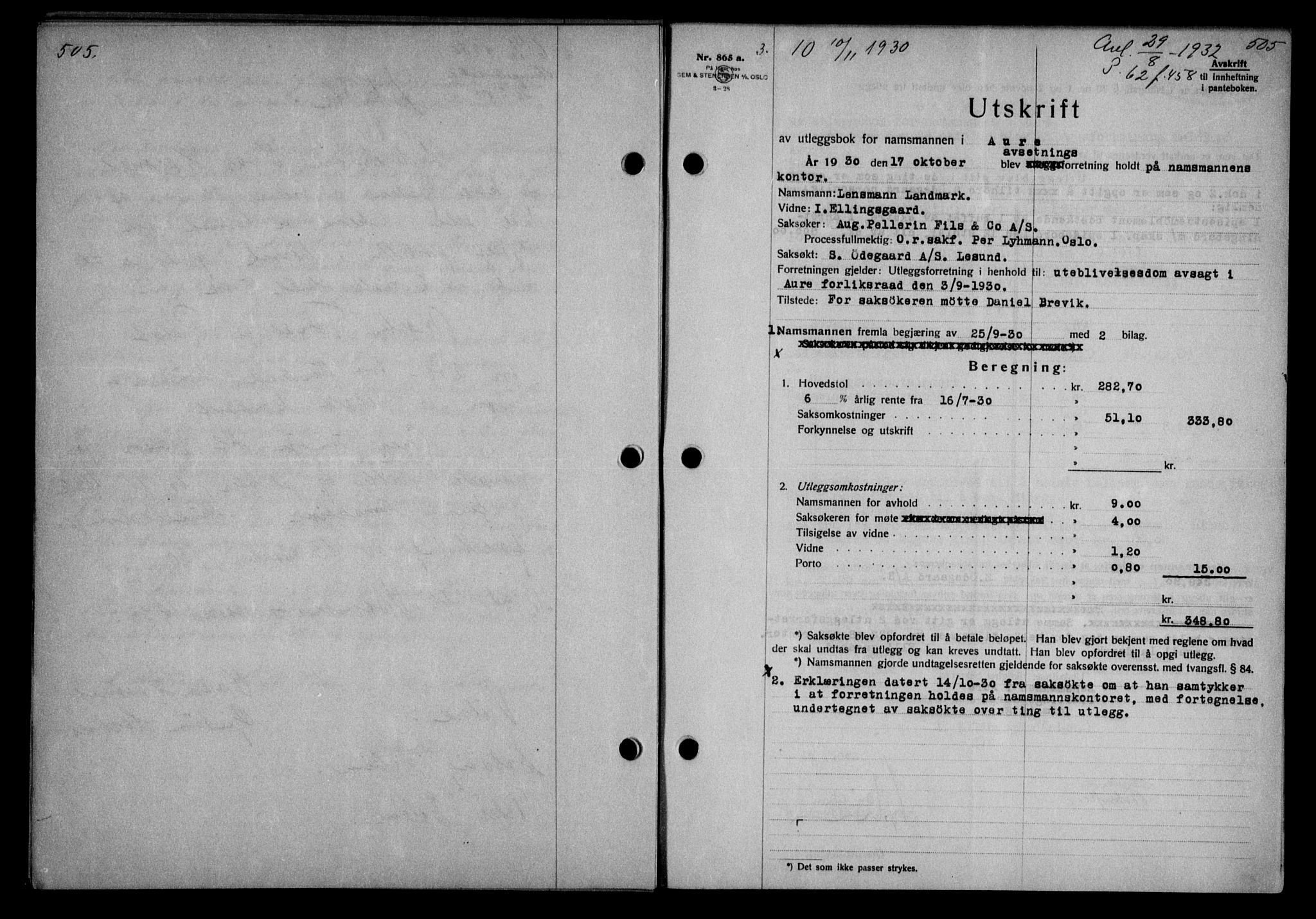 Nordmøre sorenskriveri, AV/SAT-A-4132/1/2/2Ca/L0070: Pantebok nr. 60, 1930-1930, Tingl.dato: 10.11.1930