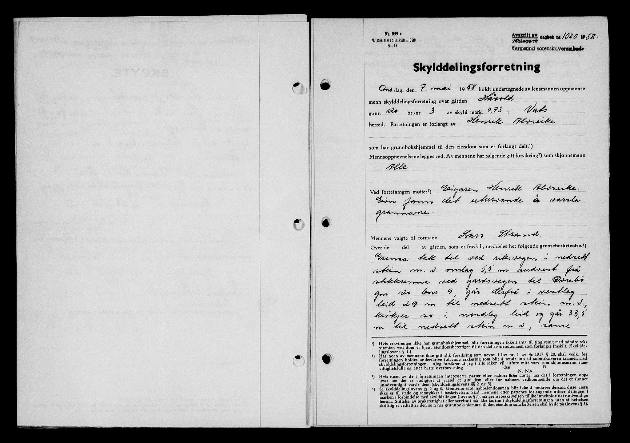 Karmsund sorenskriveri, SAST/A-100311/01/II/IIB/L0128: Pantebok nr. 108A, 1958-1958, Dagboknr: 1020/1958