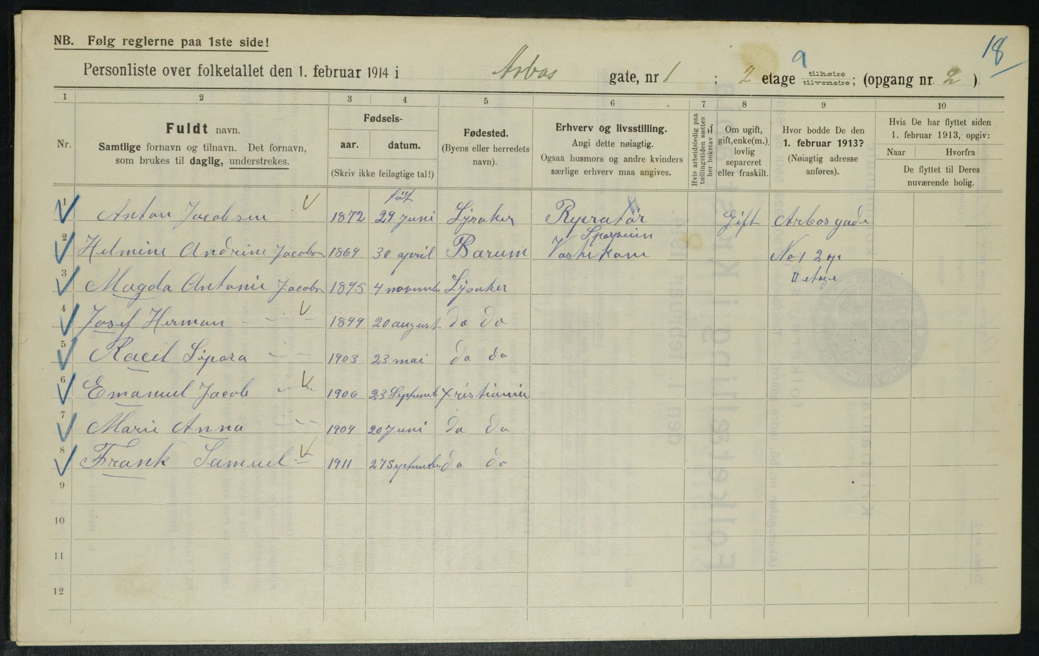OBA, Kommunal folketelling 1.2.1914 for Kristiania, 1914, s. 1727