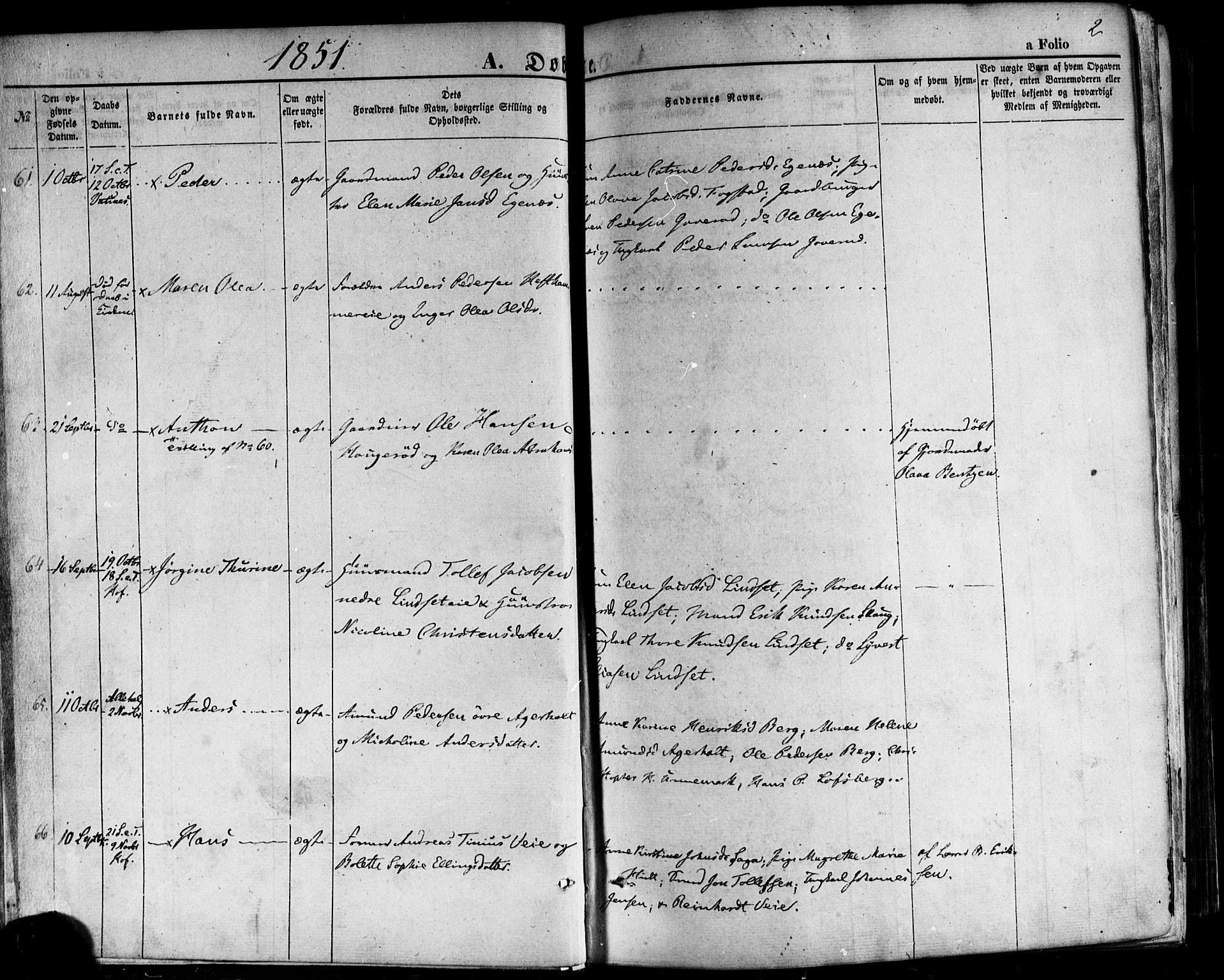 Hof kirkebøker, AV/SAKO-A-64/F/Fa/L0006: Ministerialbok nr. I 6, 1851-1877, s. 2