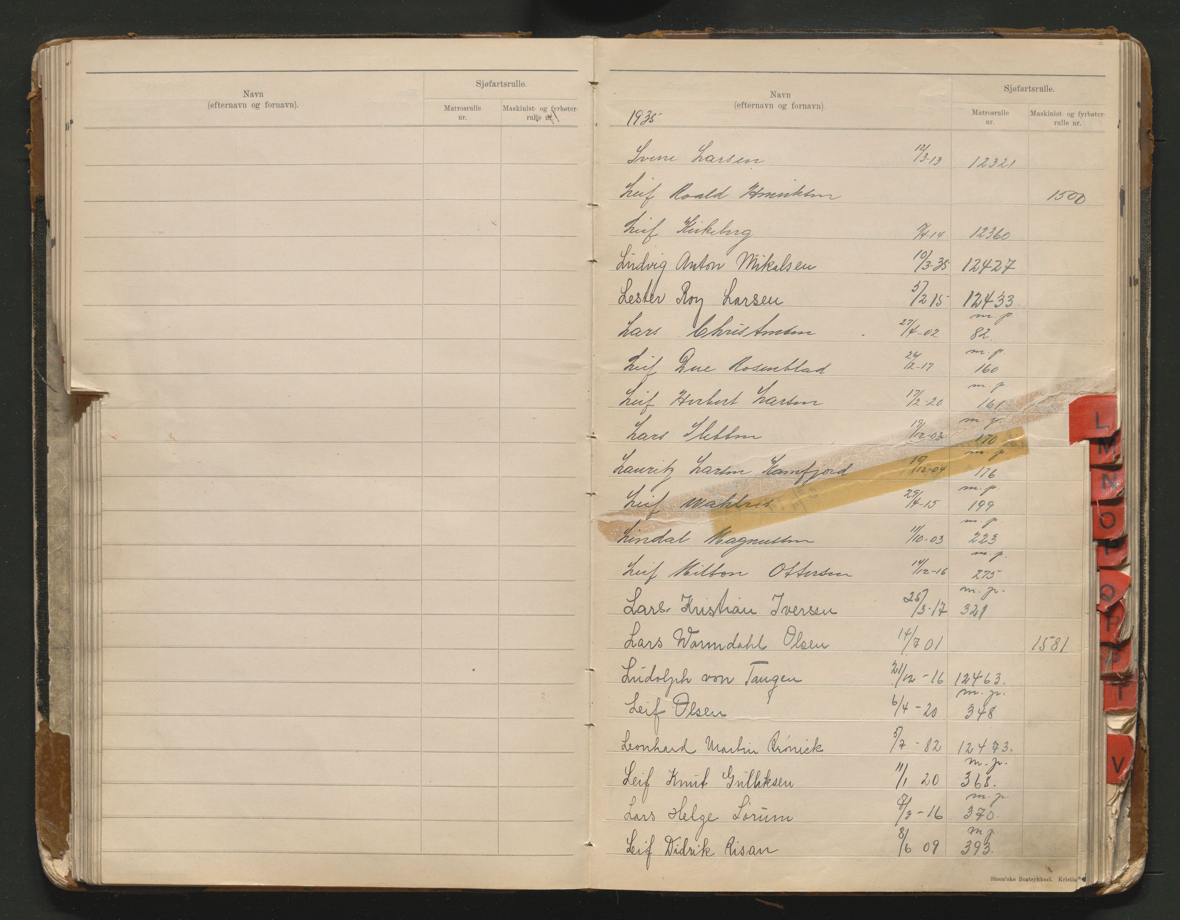 Tønsberg innrulleringskontor, AV/SAKO-A-786/G/Ga/L0003: Register til matros- , maskinist- og fyrbøterruller, 1934-1948